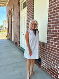 Taupe and White Sleeveless Striped Denim A-Line Mini Dress