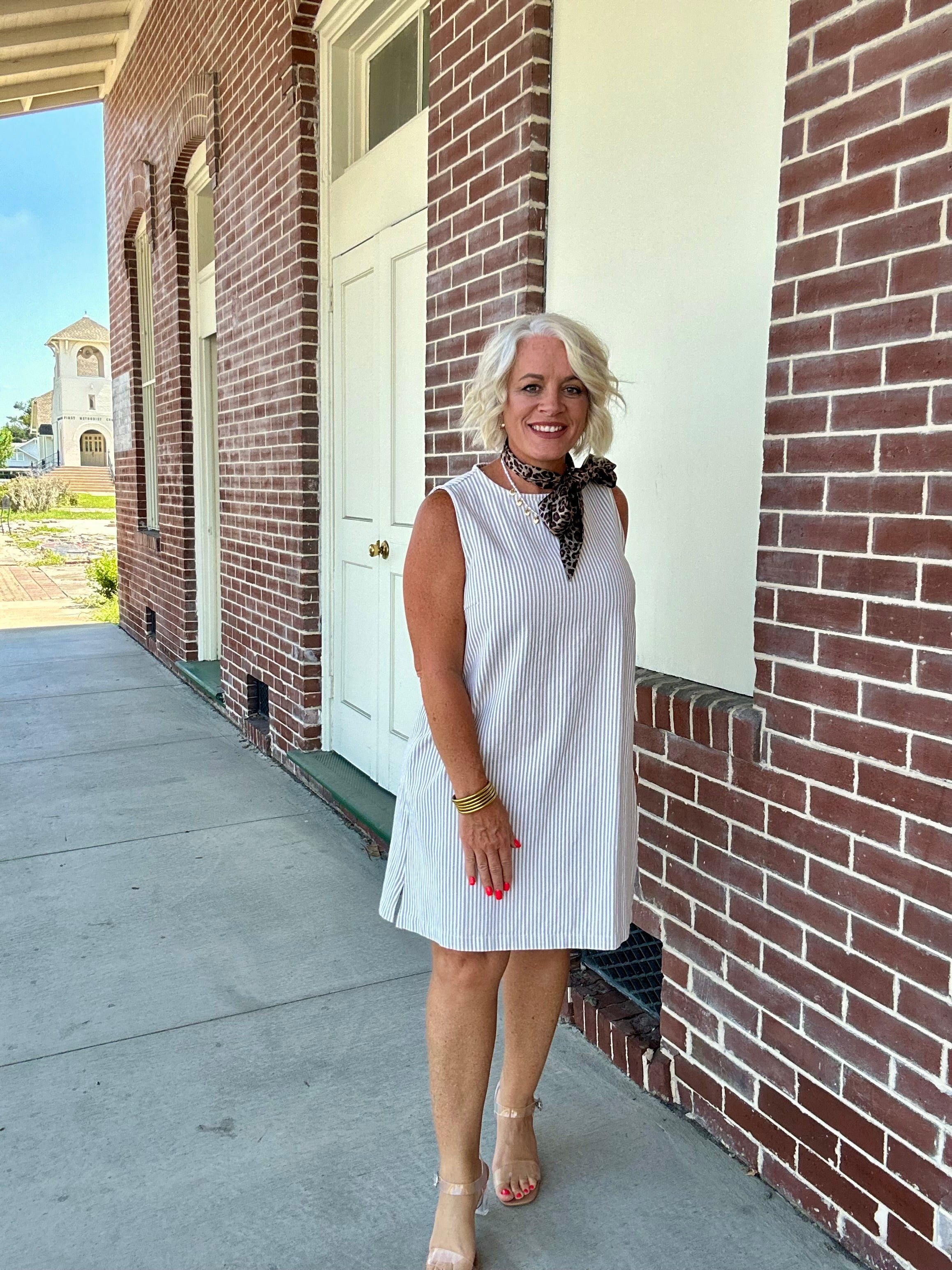Taupe and White Sleeveless Striped Denim A-Line Mini Dress