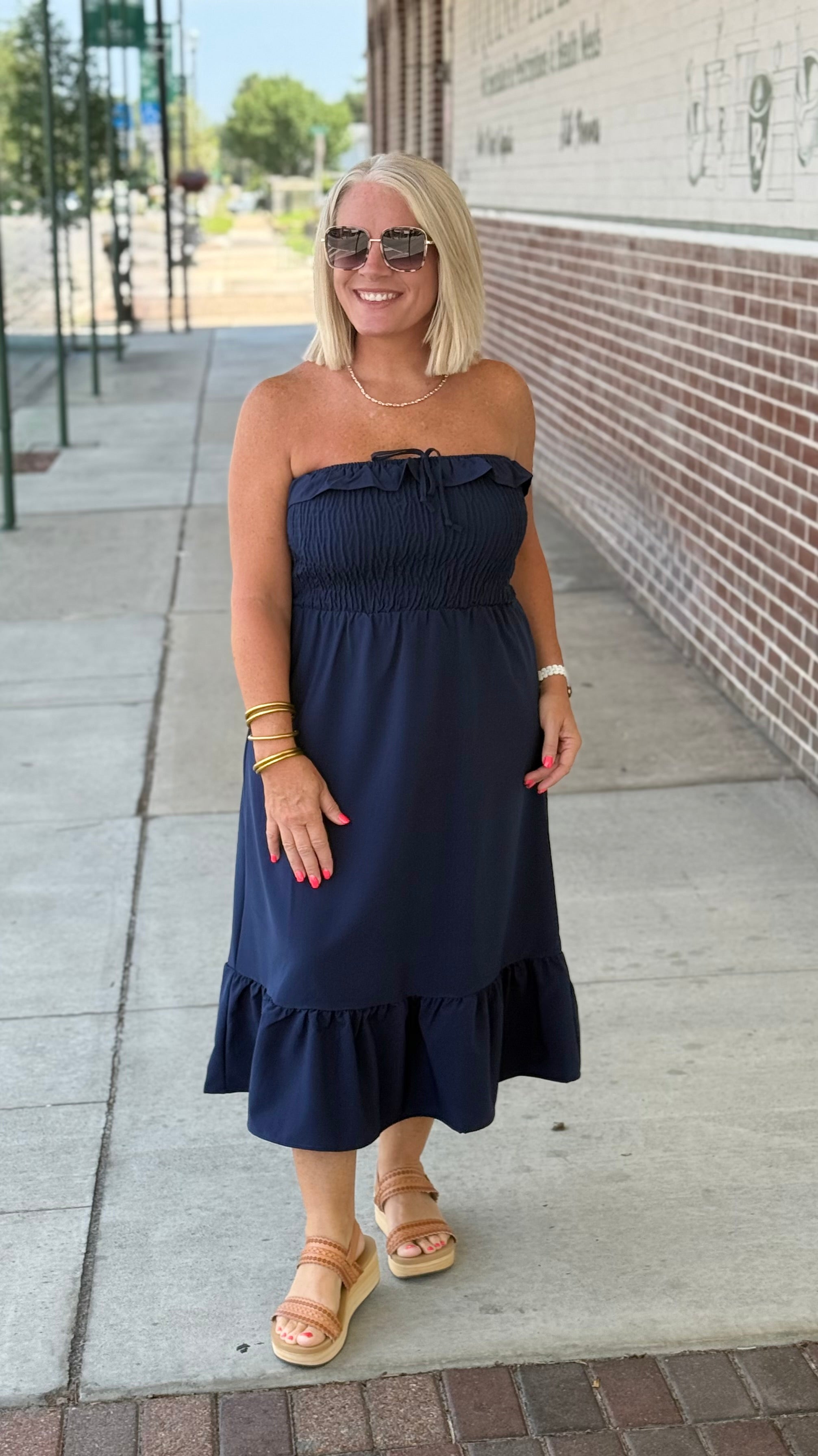 Navy Strapless Smocked Midi Dress