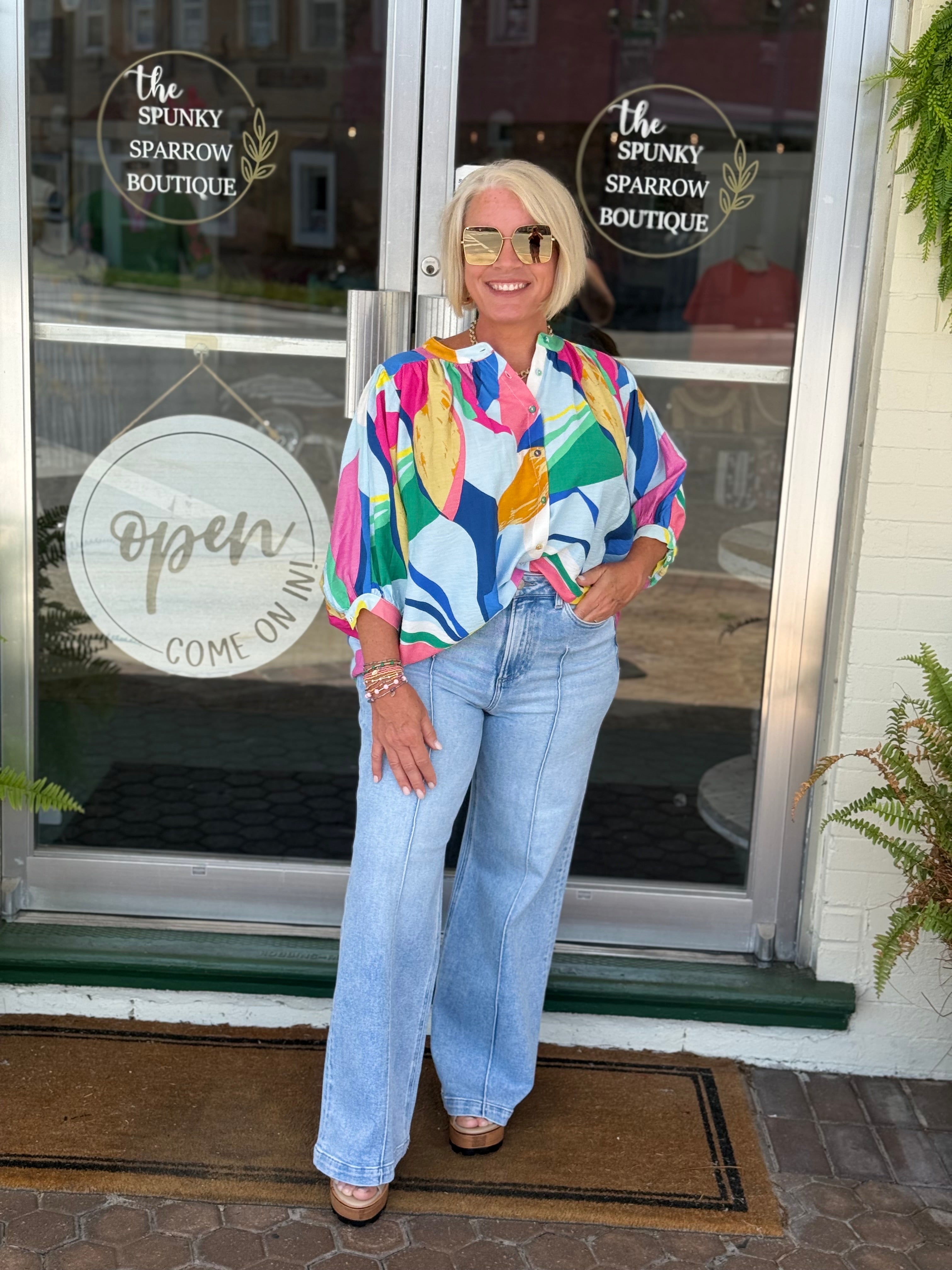 Bright Abstract Loose Fit Button Down Blouse