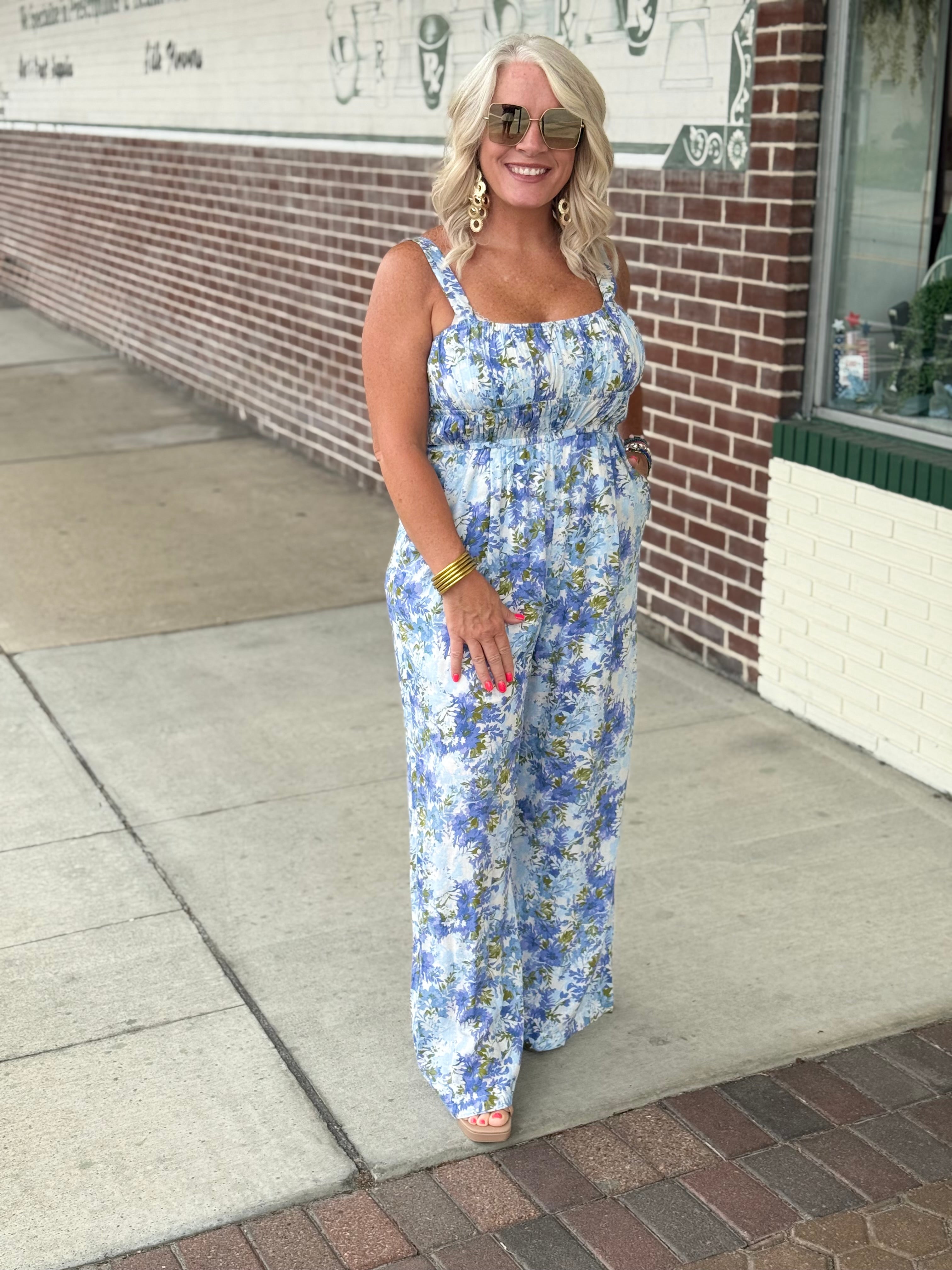 Flower Print Gathered Bust Sleeveless Jumpsuit