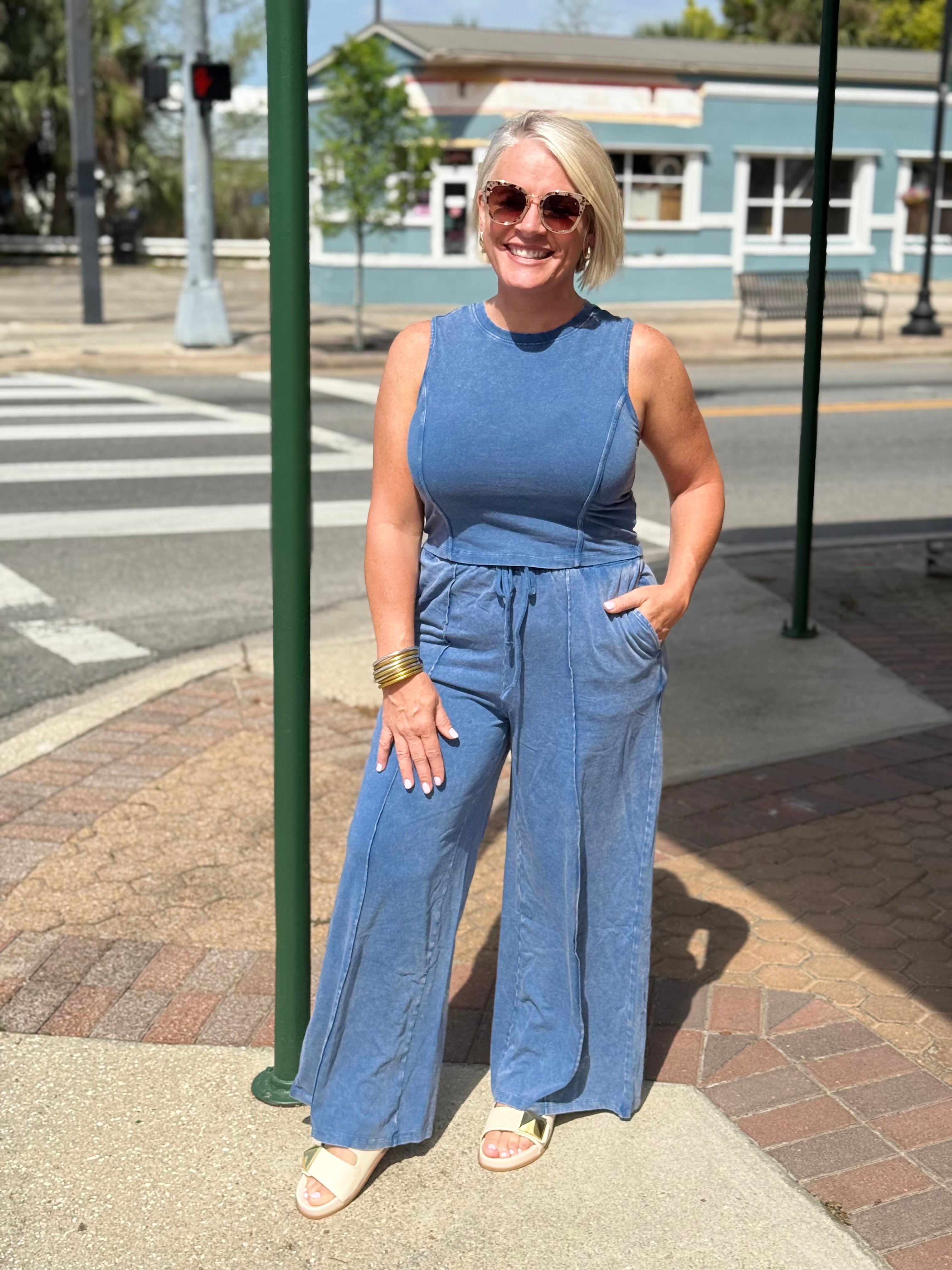 Navy Mineral Washed Sleeveless Top & Wide Leg Pants Set