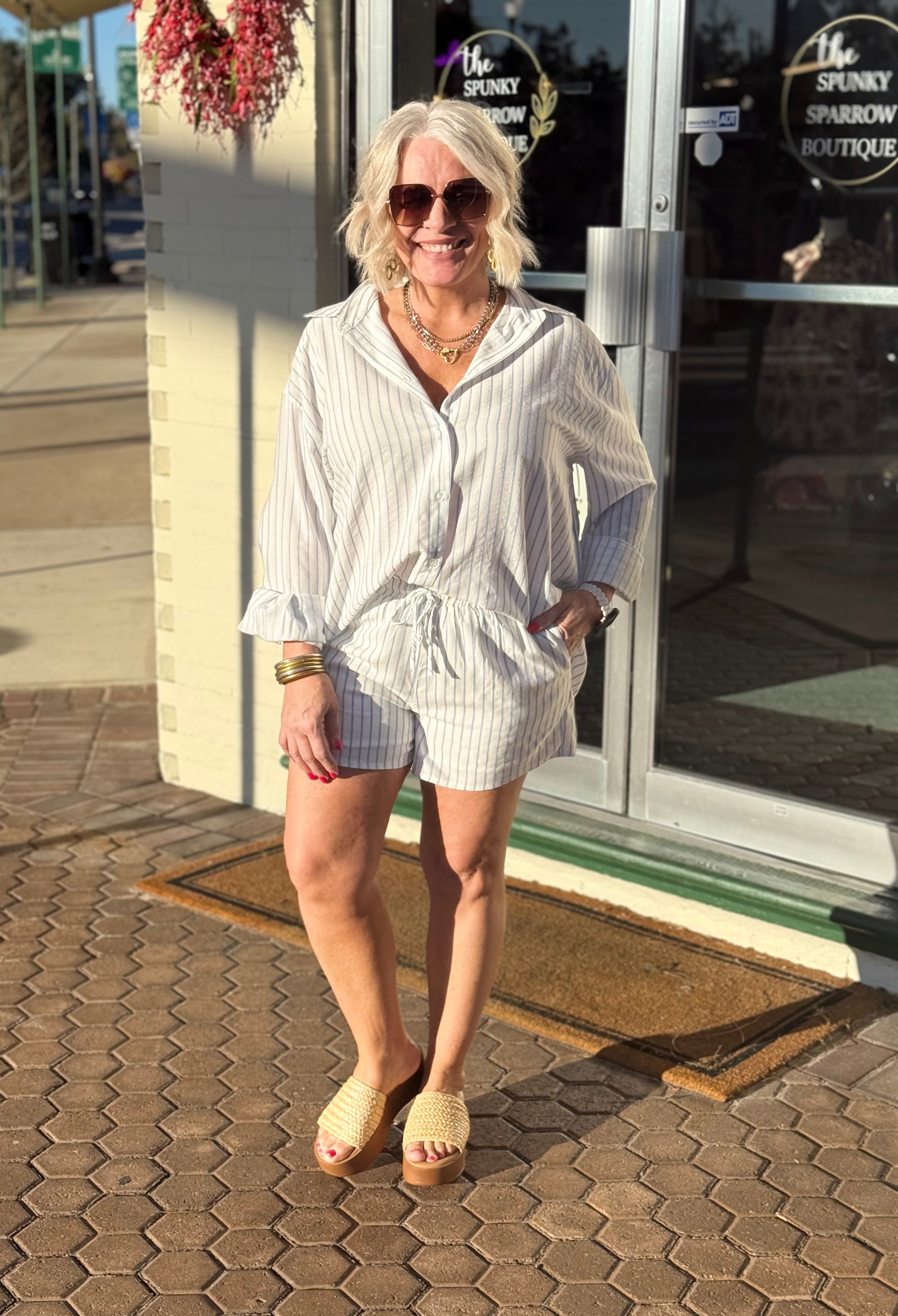 Blue Striped Button-Up Shirt and Draw String shorts set