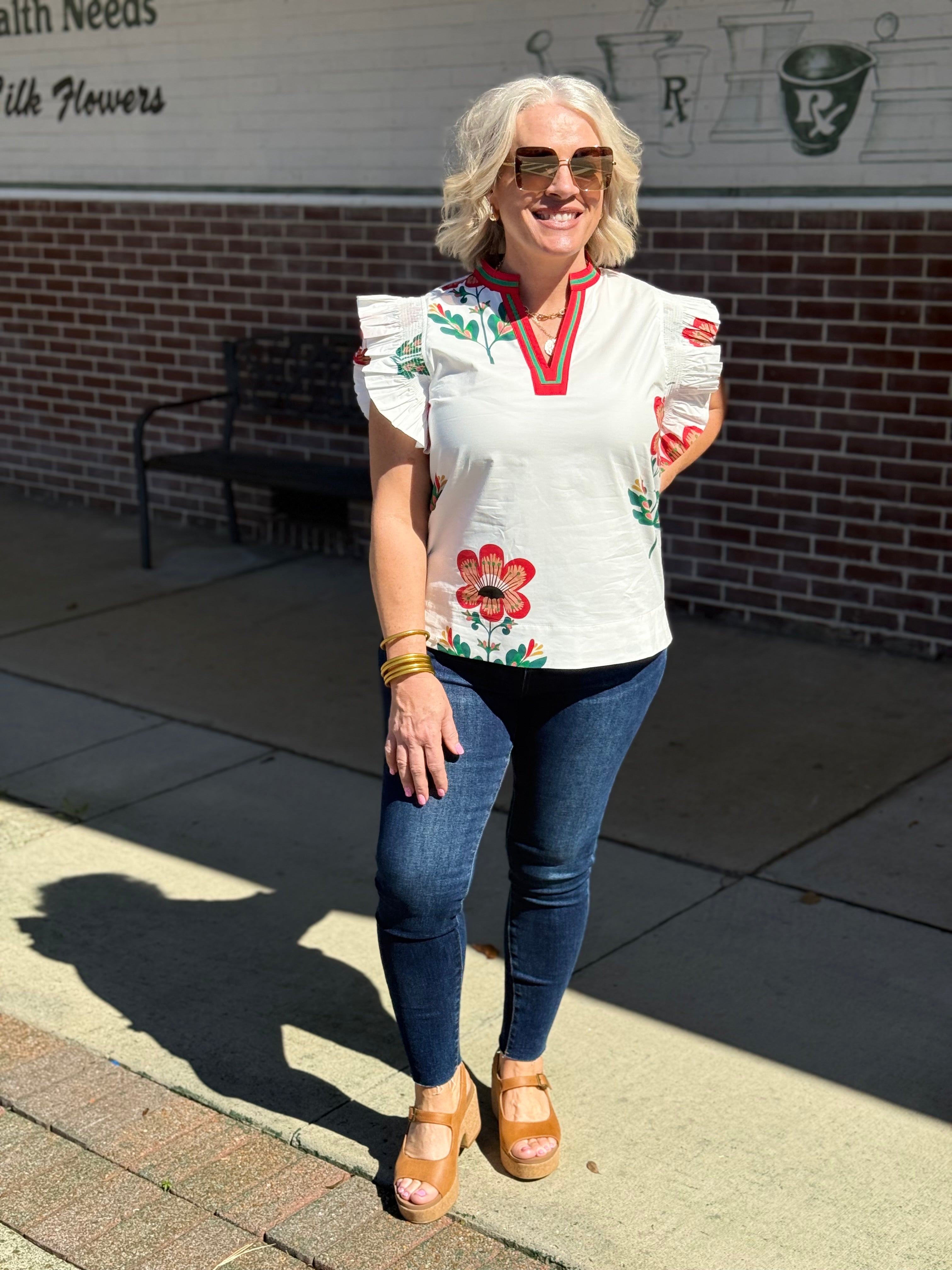 Ruffled Sleeves Floral Print Woven Top