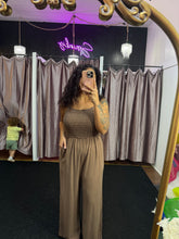 Load image into Gallery viewer, Linen Blend Smocking Bodice Strap Jumpsuit in brown
