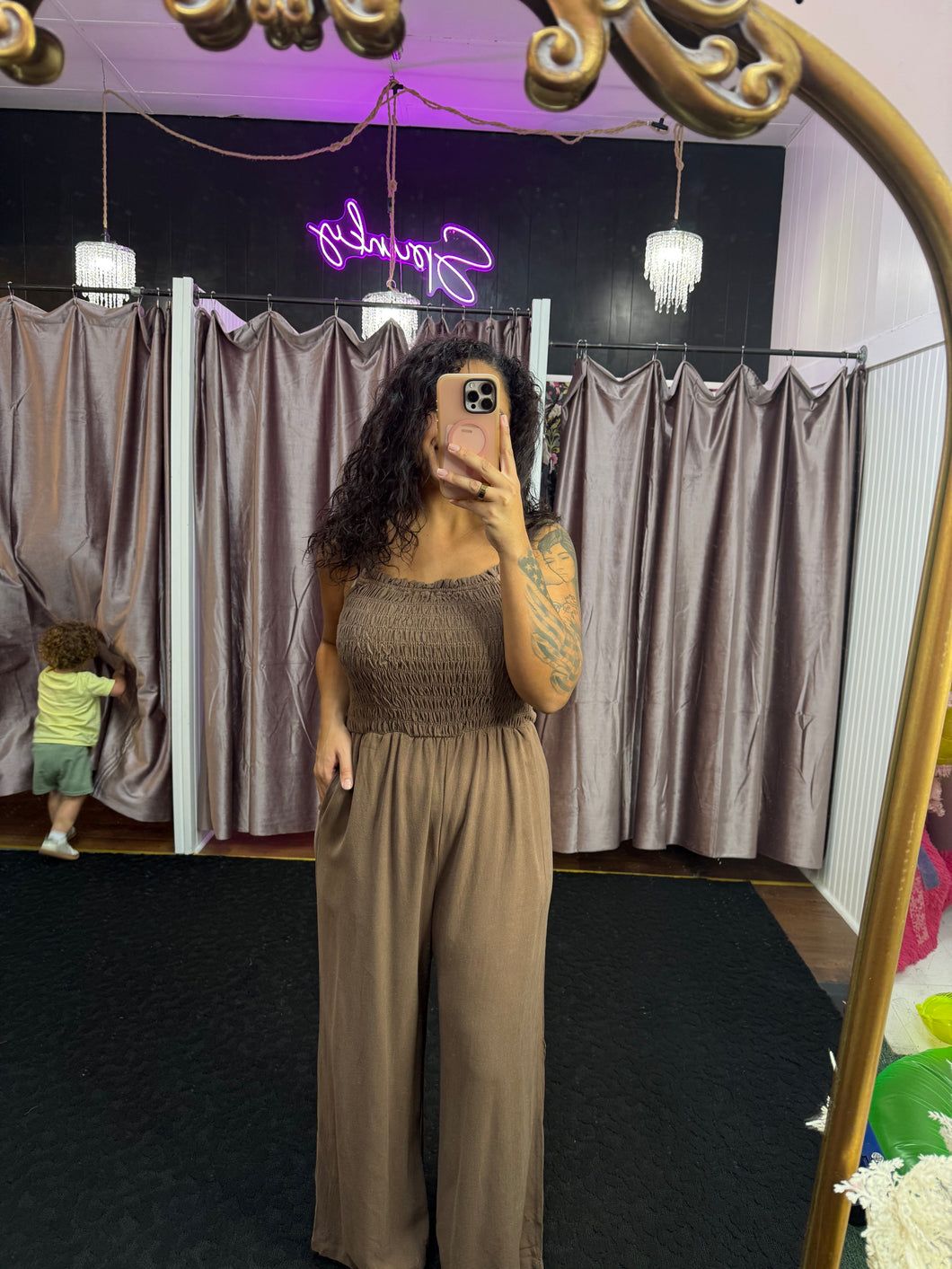 Linen Blend Smocking Bodice Strap Jumpsuit in brown