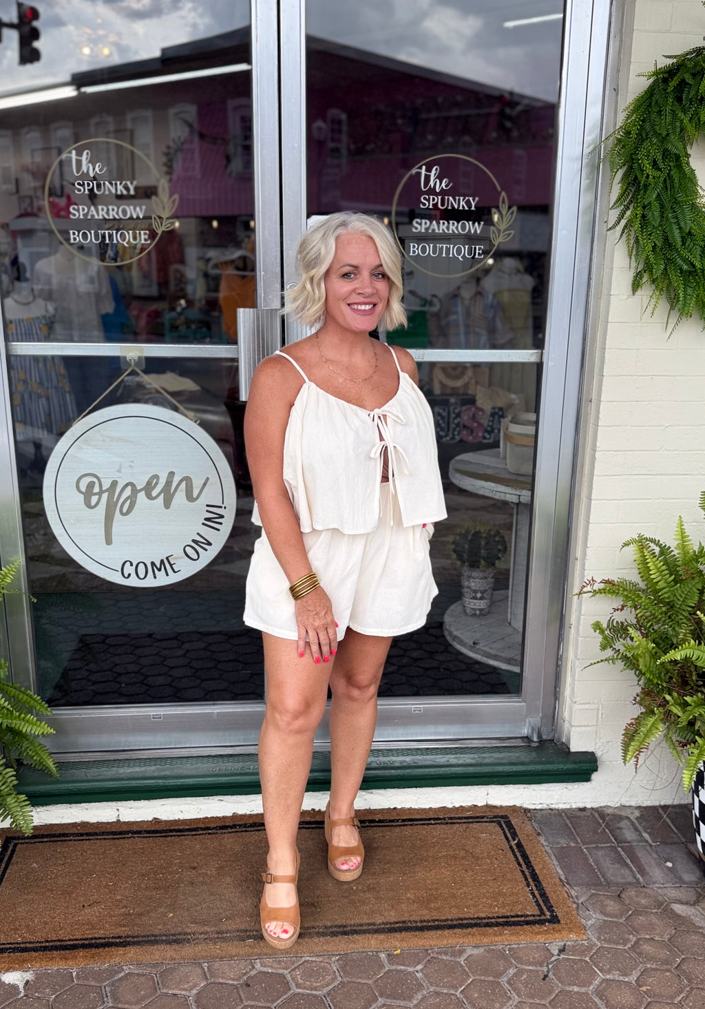 Cream Front Tie Flowy Romper