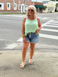 Mint Lace Yoke Sleeveless Racerback Solid Woven Top