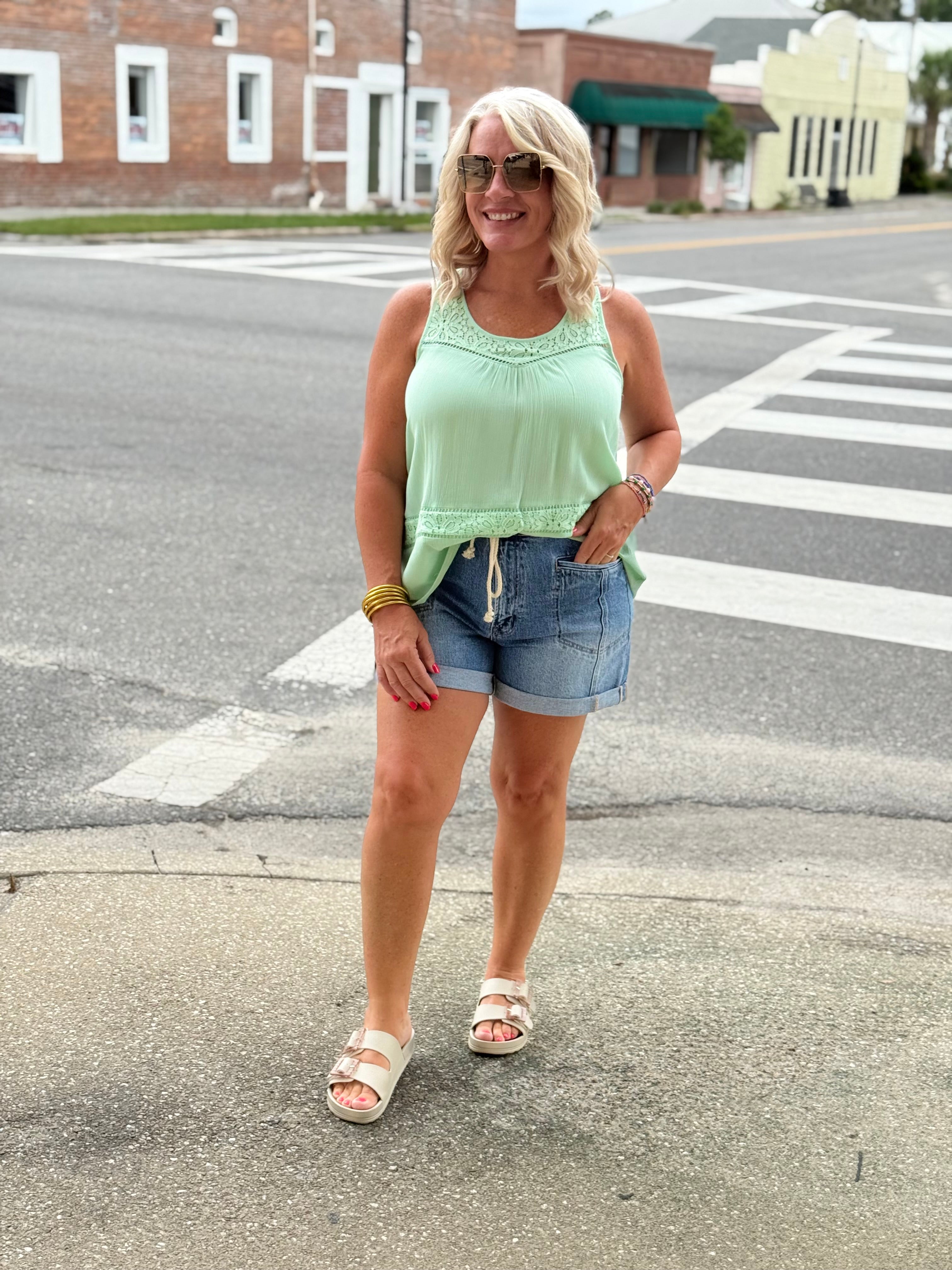 Mint Lace Yoke Sleeveless Racerback Solid Woven Top