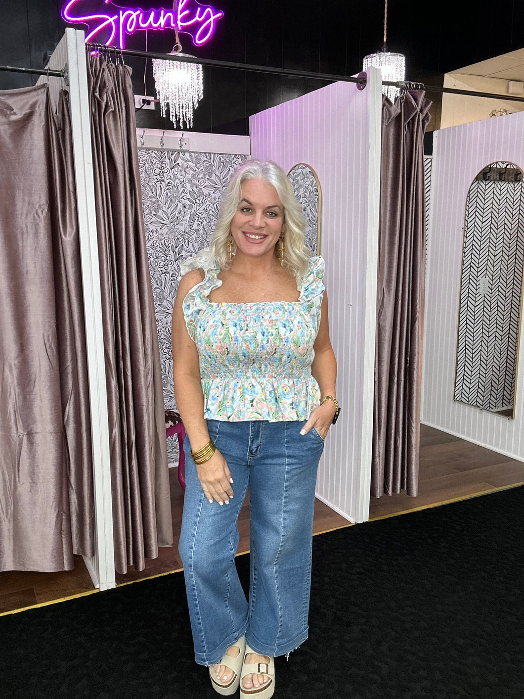 Pink blue multicolor smocked peplum top