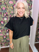 Load image into Gallery viewer, Black Reverse Terry Short Sleeve Drop Shoulder Top
