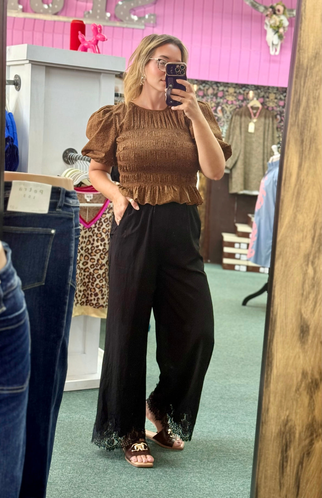 Toffee Smocked Polka Dot Top