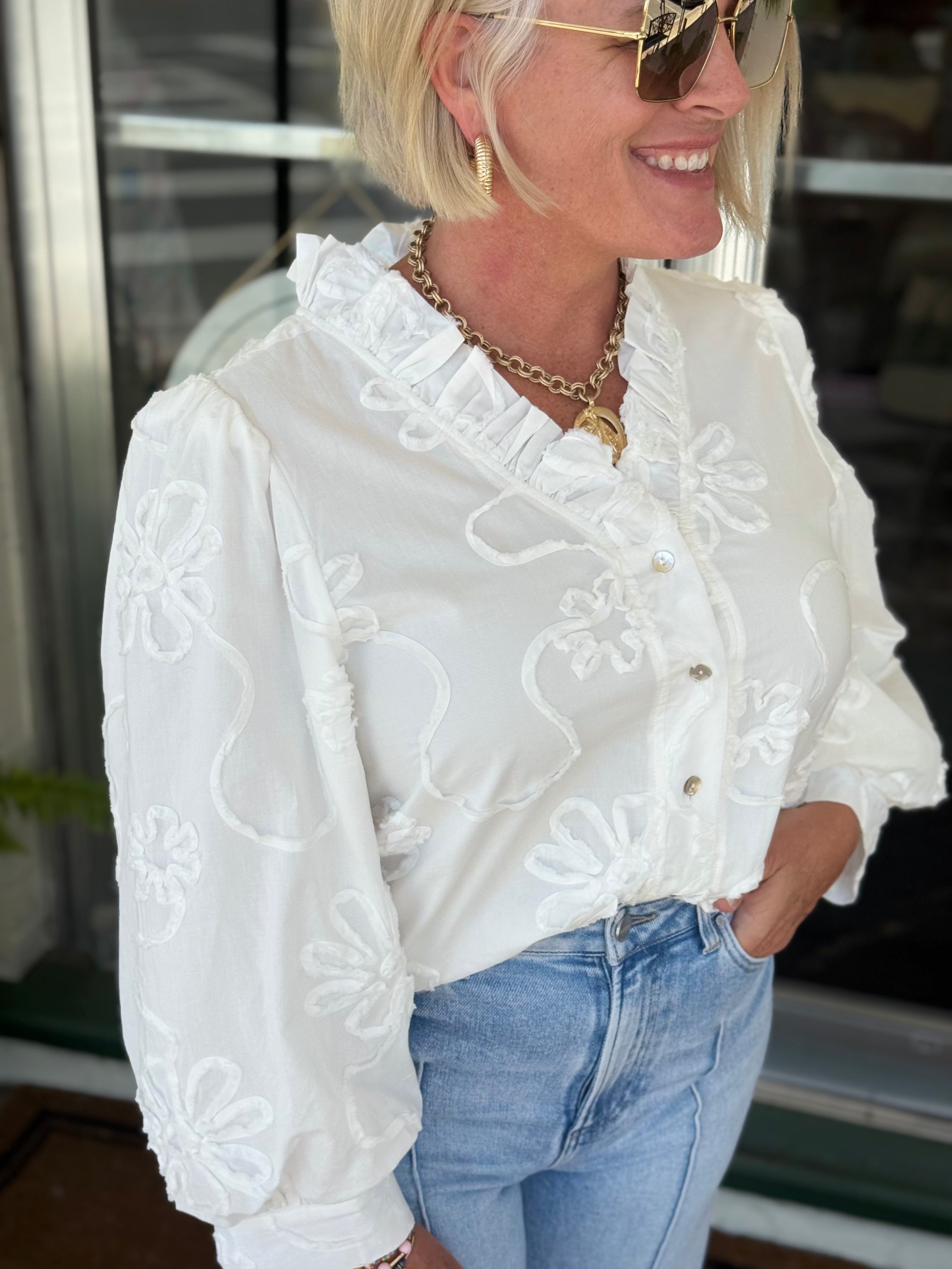 White Button Down 3d Floral Top