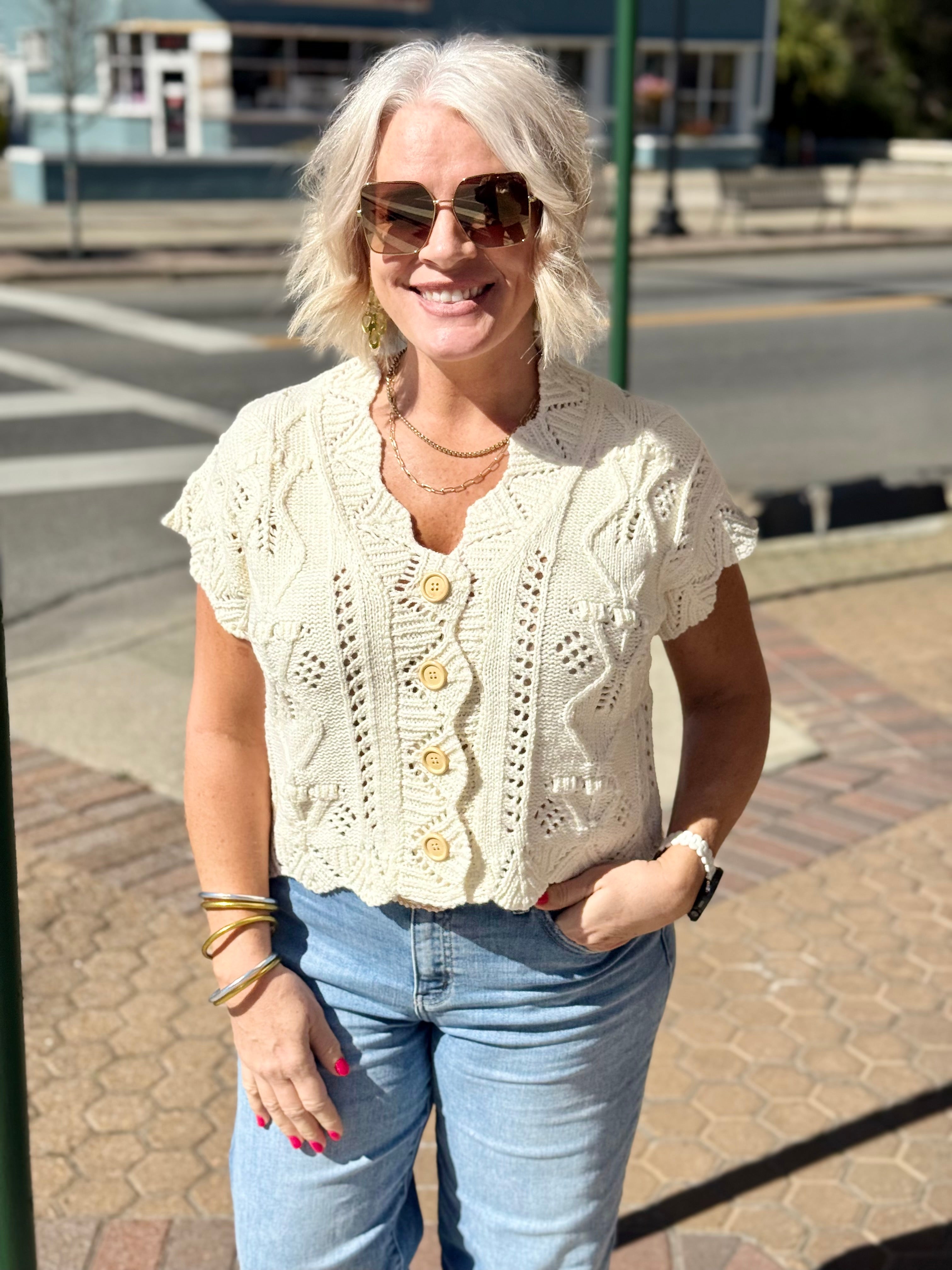 Cream Button-Front Crochet Sweater