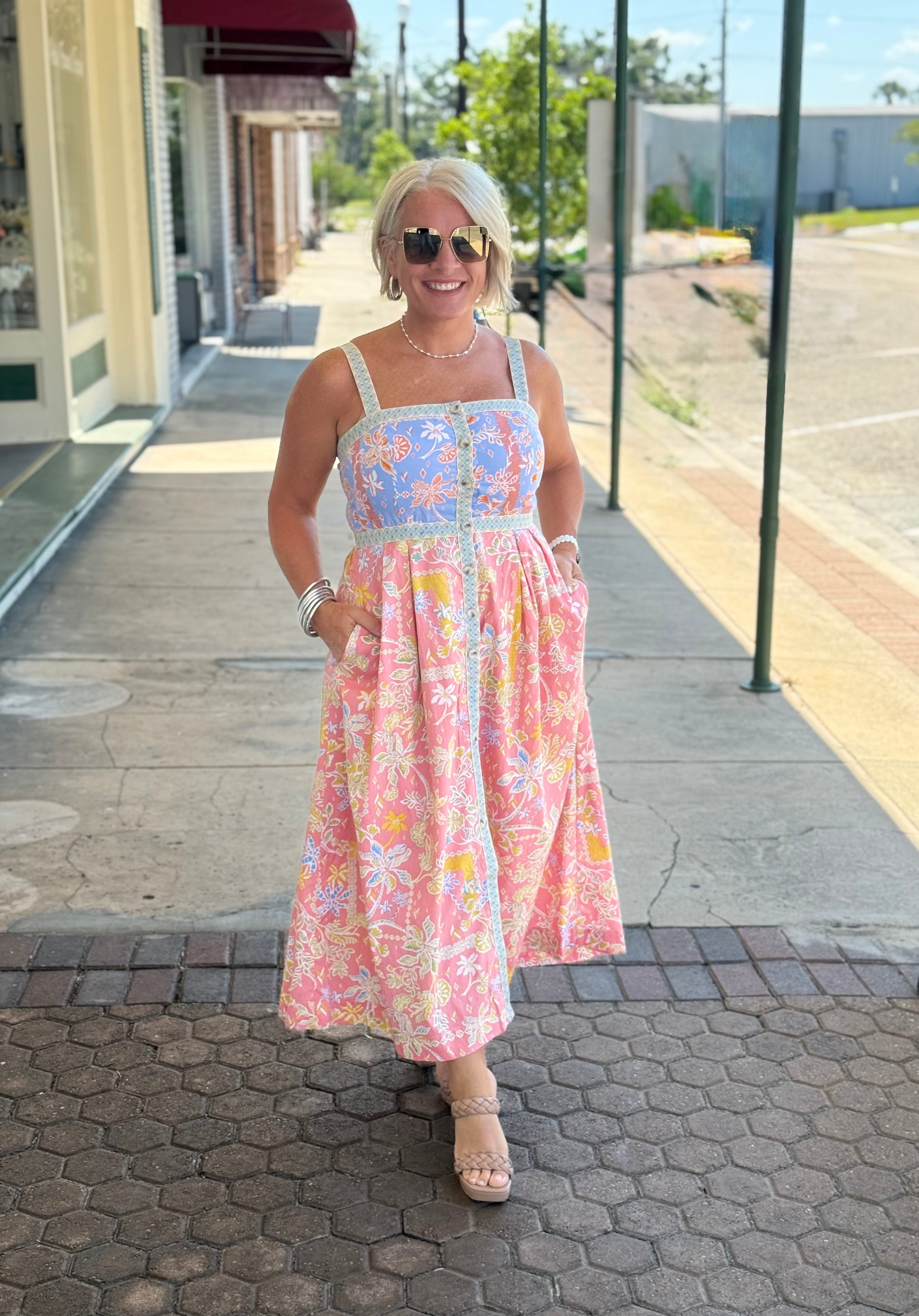 Peach Floral Button Down Tape Trim Midi Dress