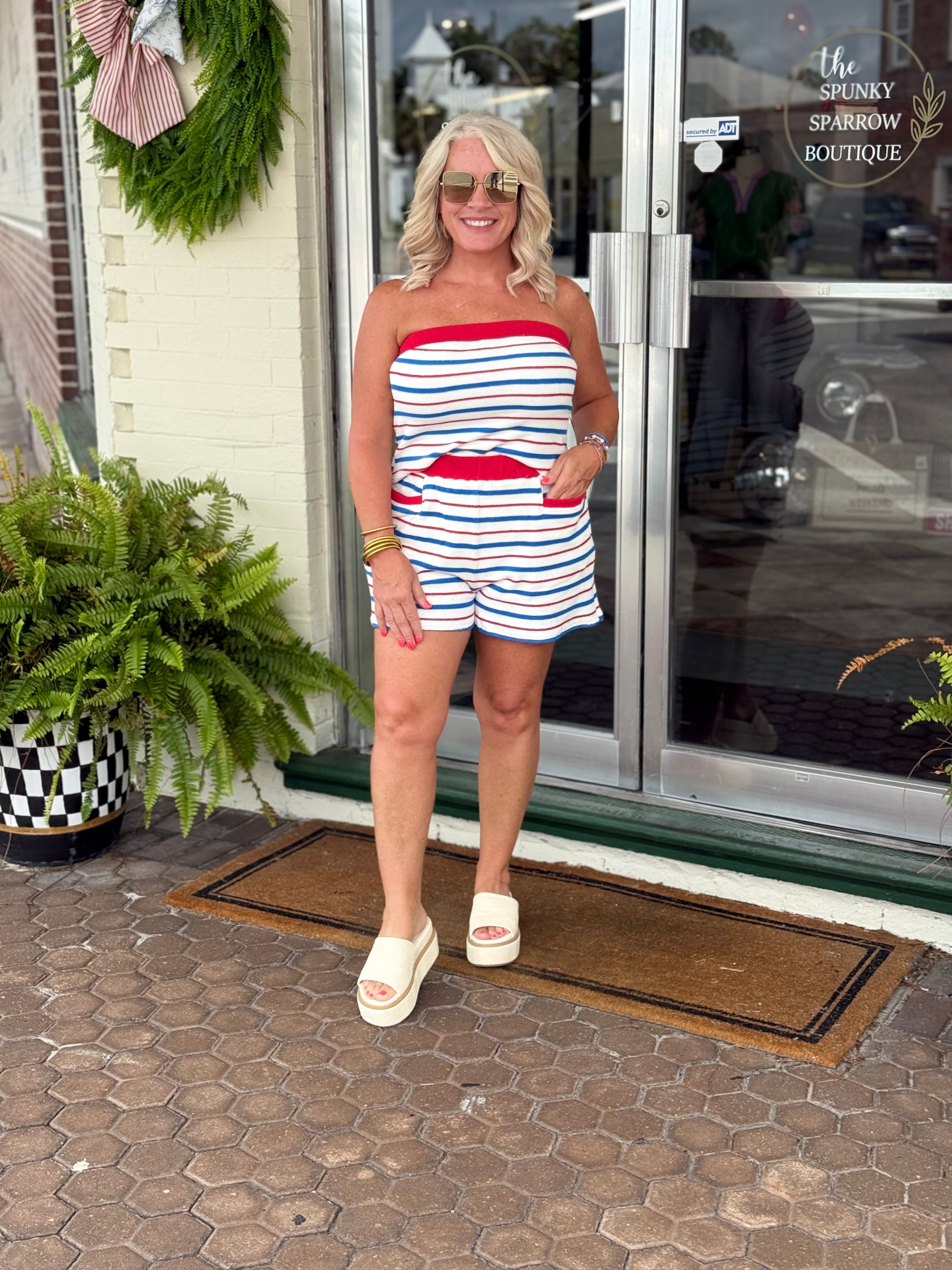 Red White & Blue Strapless Tube Top Shorts Matching Set