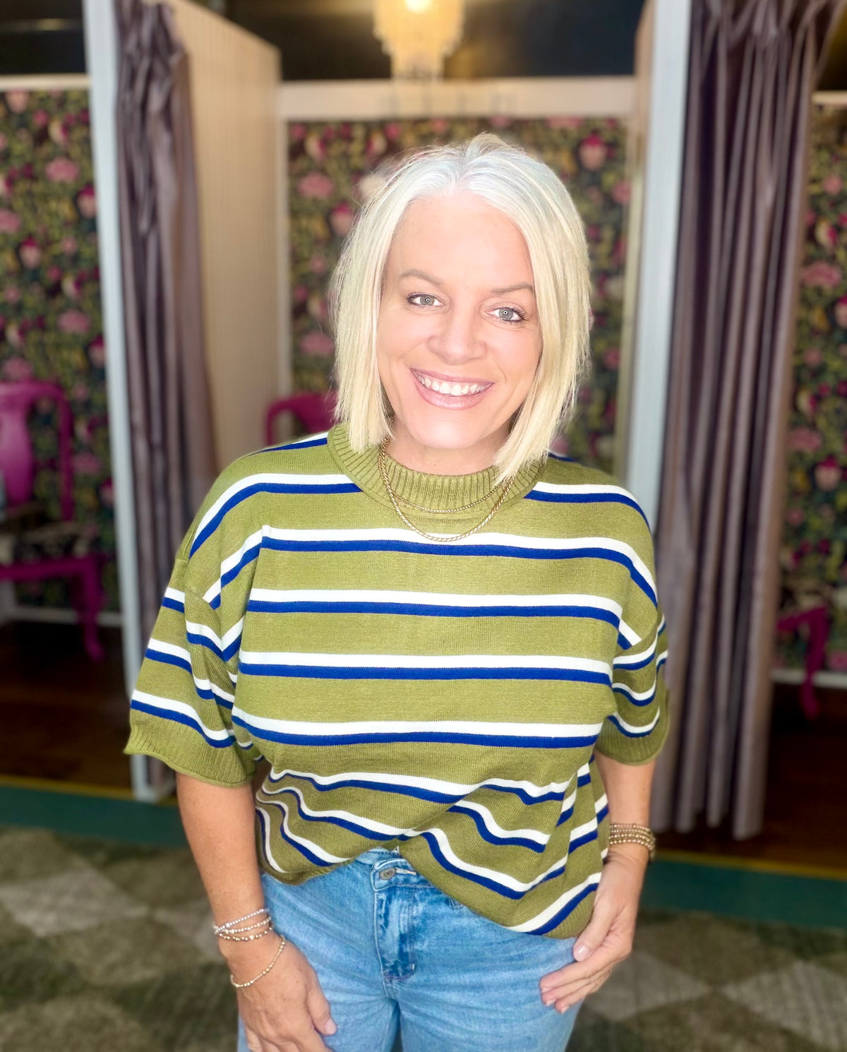 Olive and Navy Crew-Neck Stripe Sweater