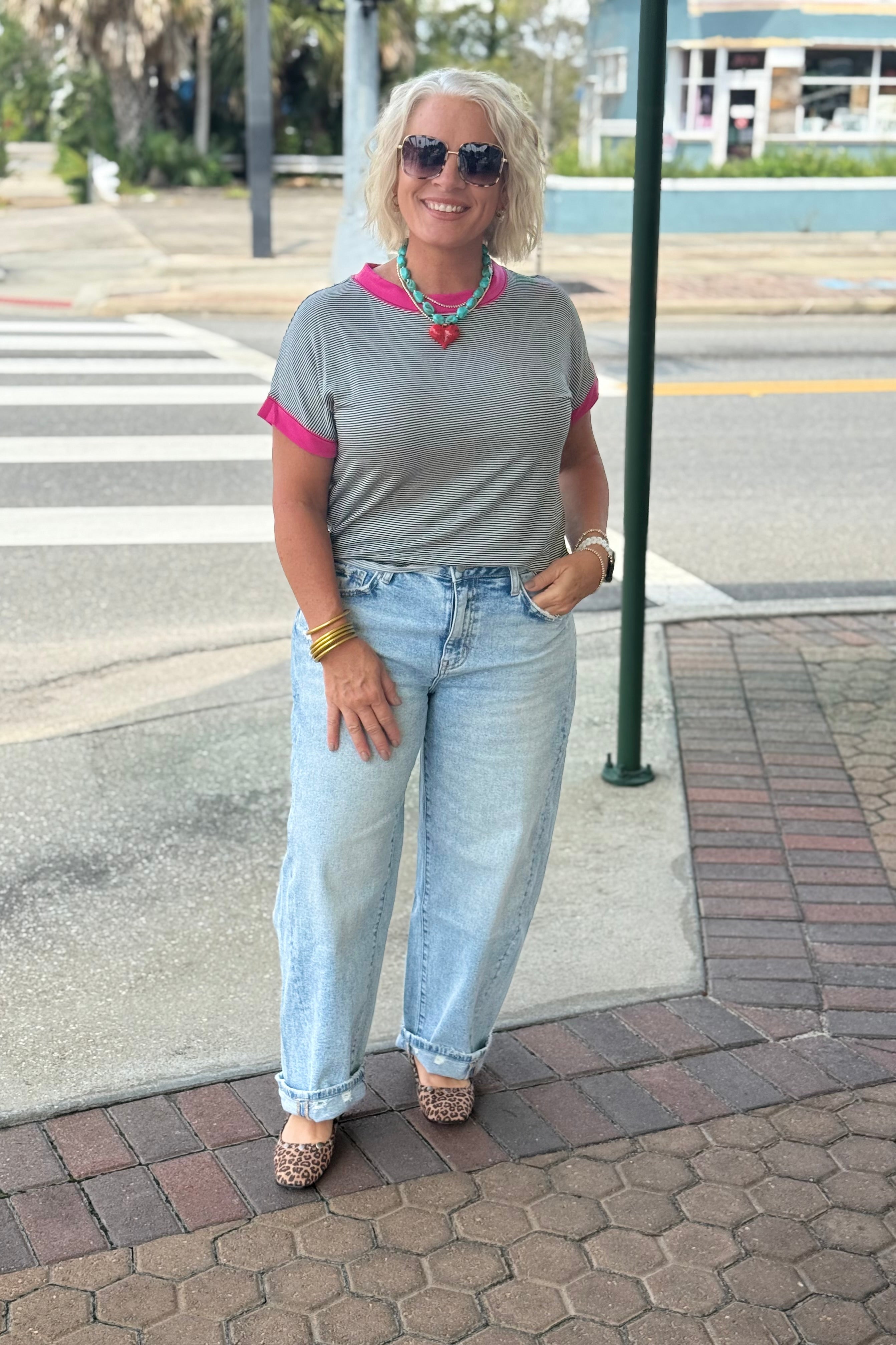Black Ivory and Pink Classic Striped Tee