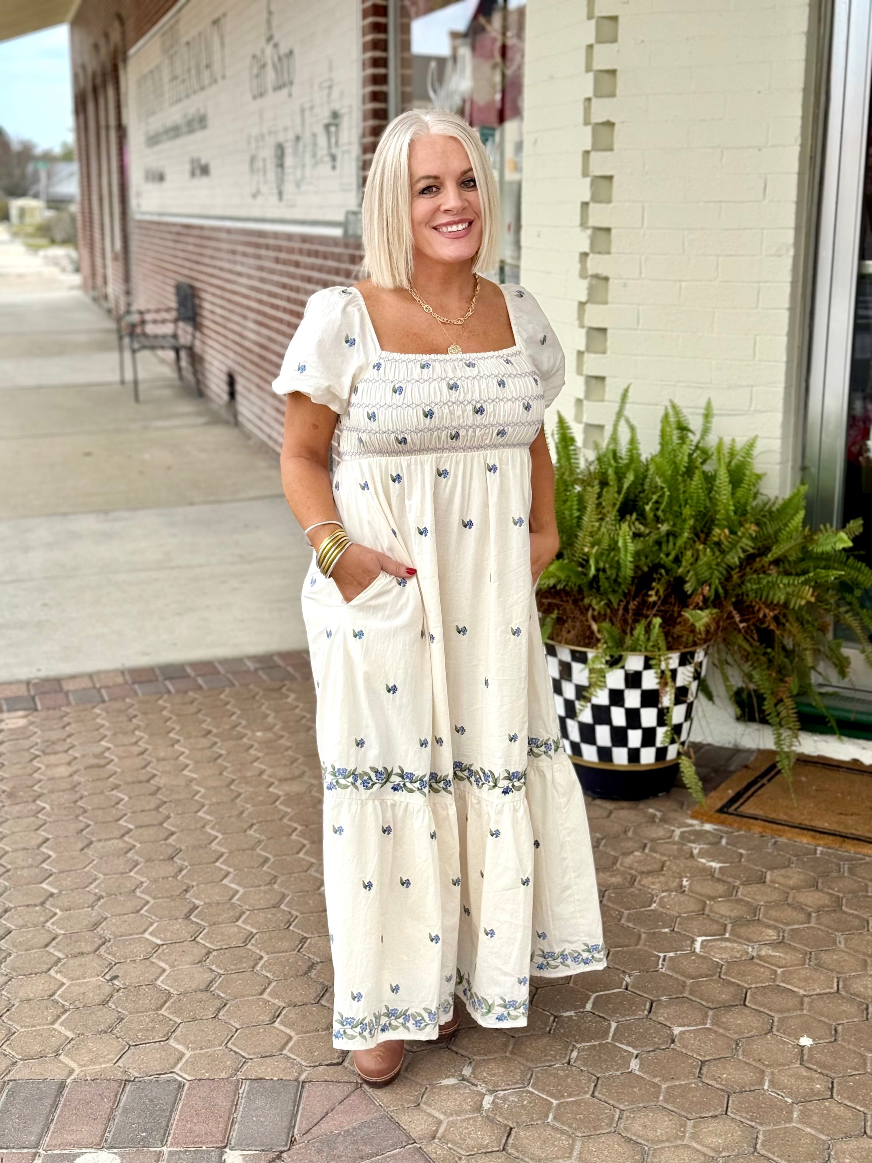 Buttercream Smocked Embroidered Maxi Dress