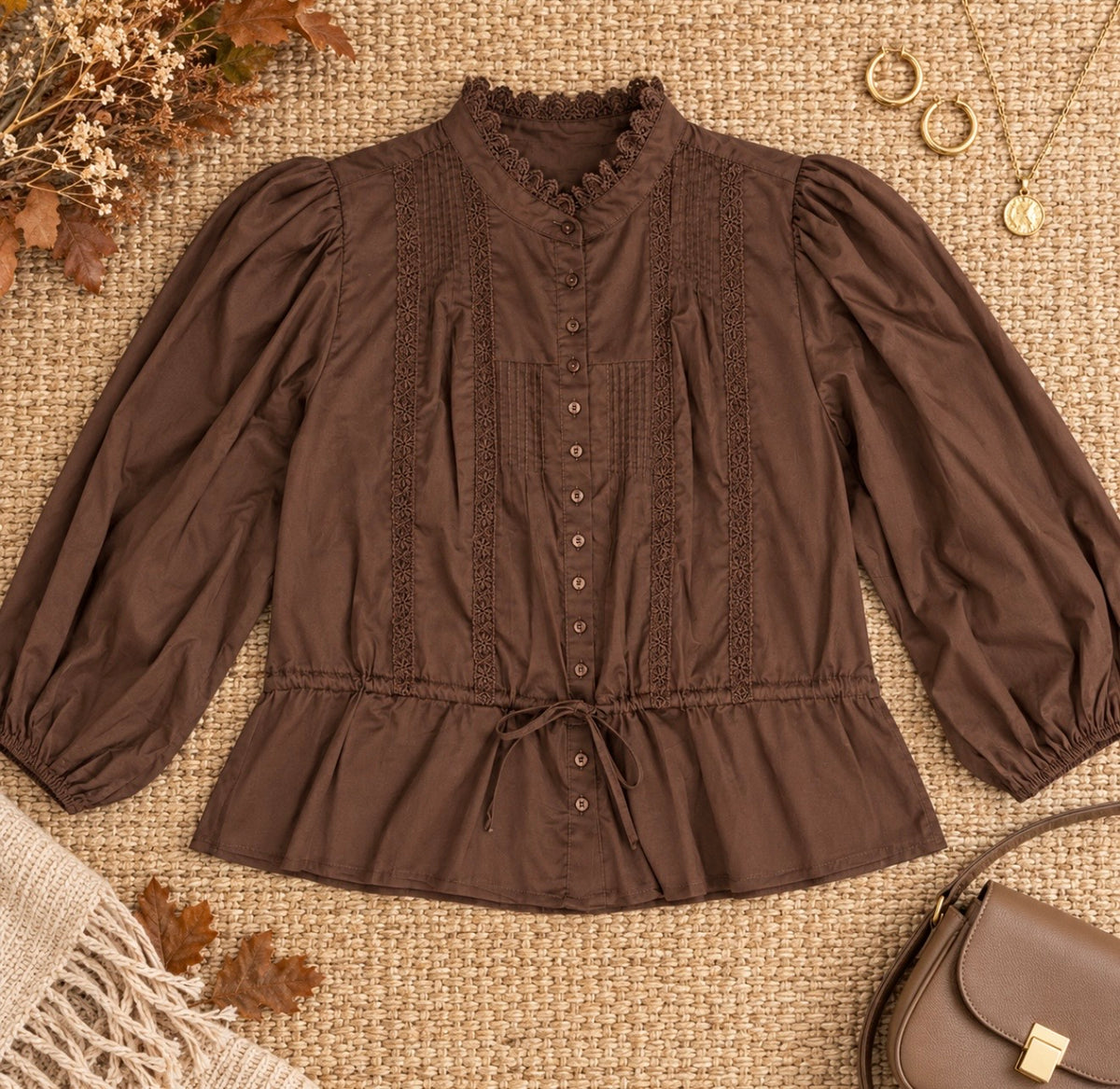 Brown Lace Trim Long Sleeve Blouse