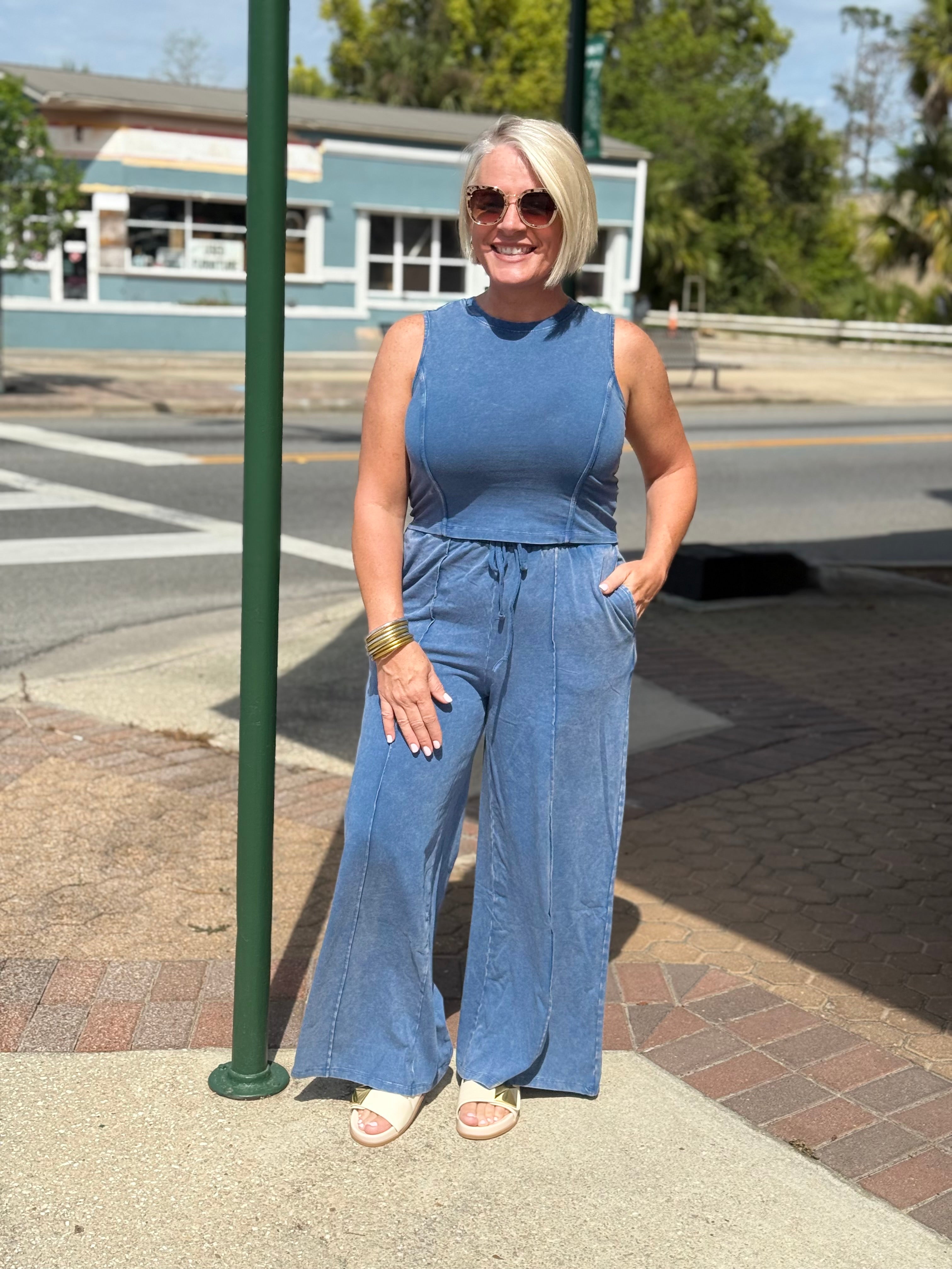 Navy Mineral Washed Sleeveless Top & Wide Leg Pants Set