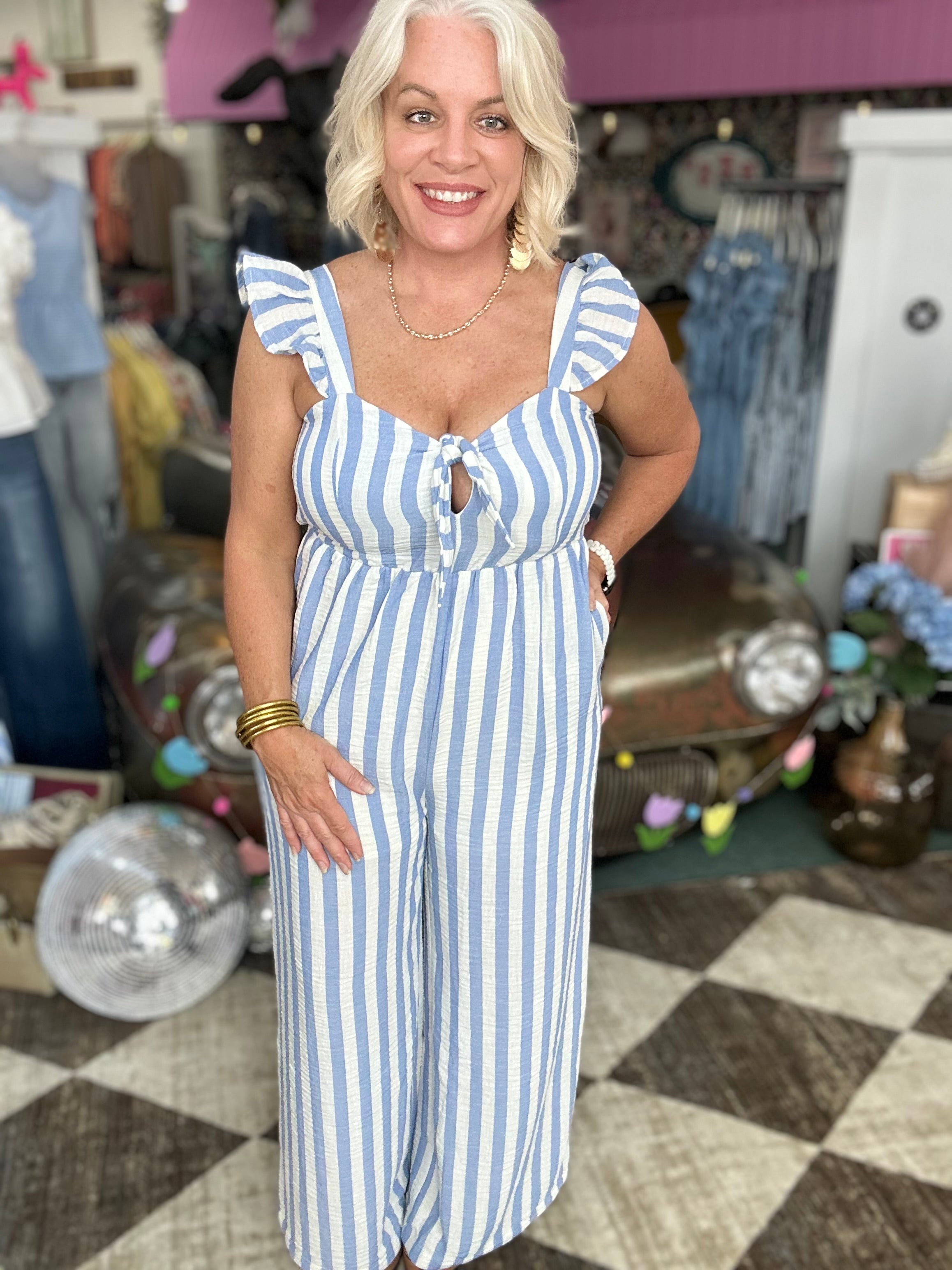 Blue Stripe Cotton Gauze Wide Leg Culotte Jumpsuit