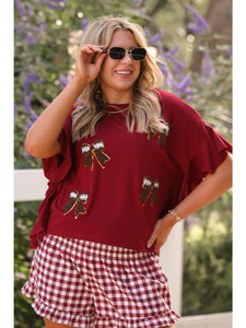 Sideline Sparkle Ruffle Top- Maroon