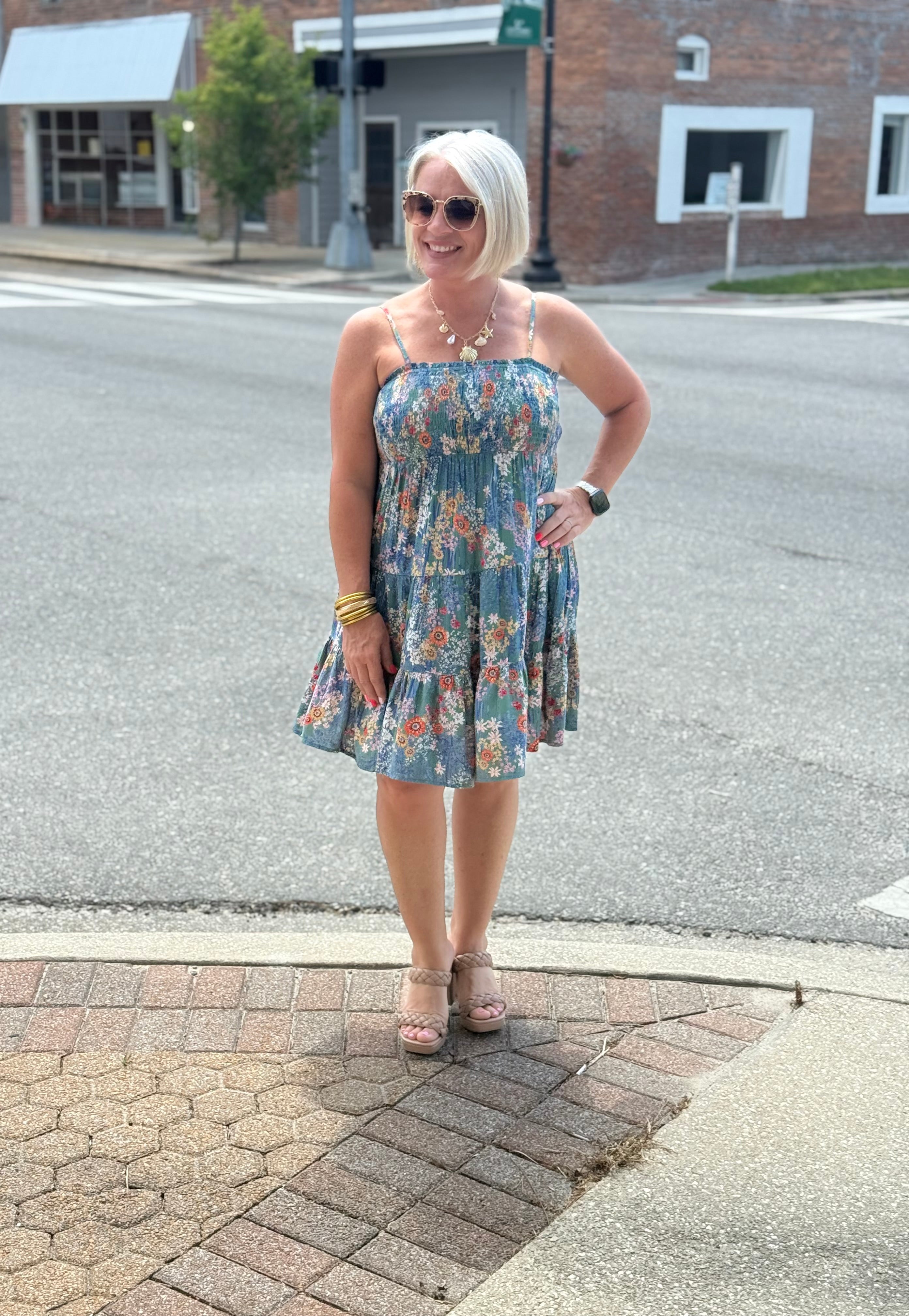 Green Smocked Bust Tiered Sundress