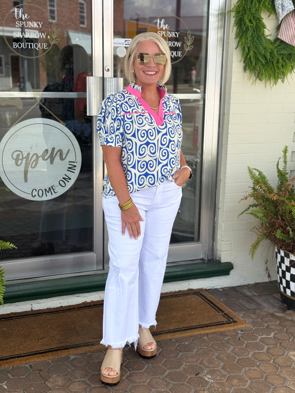 Pink and Royal Contrast Detail Swirl Print Top