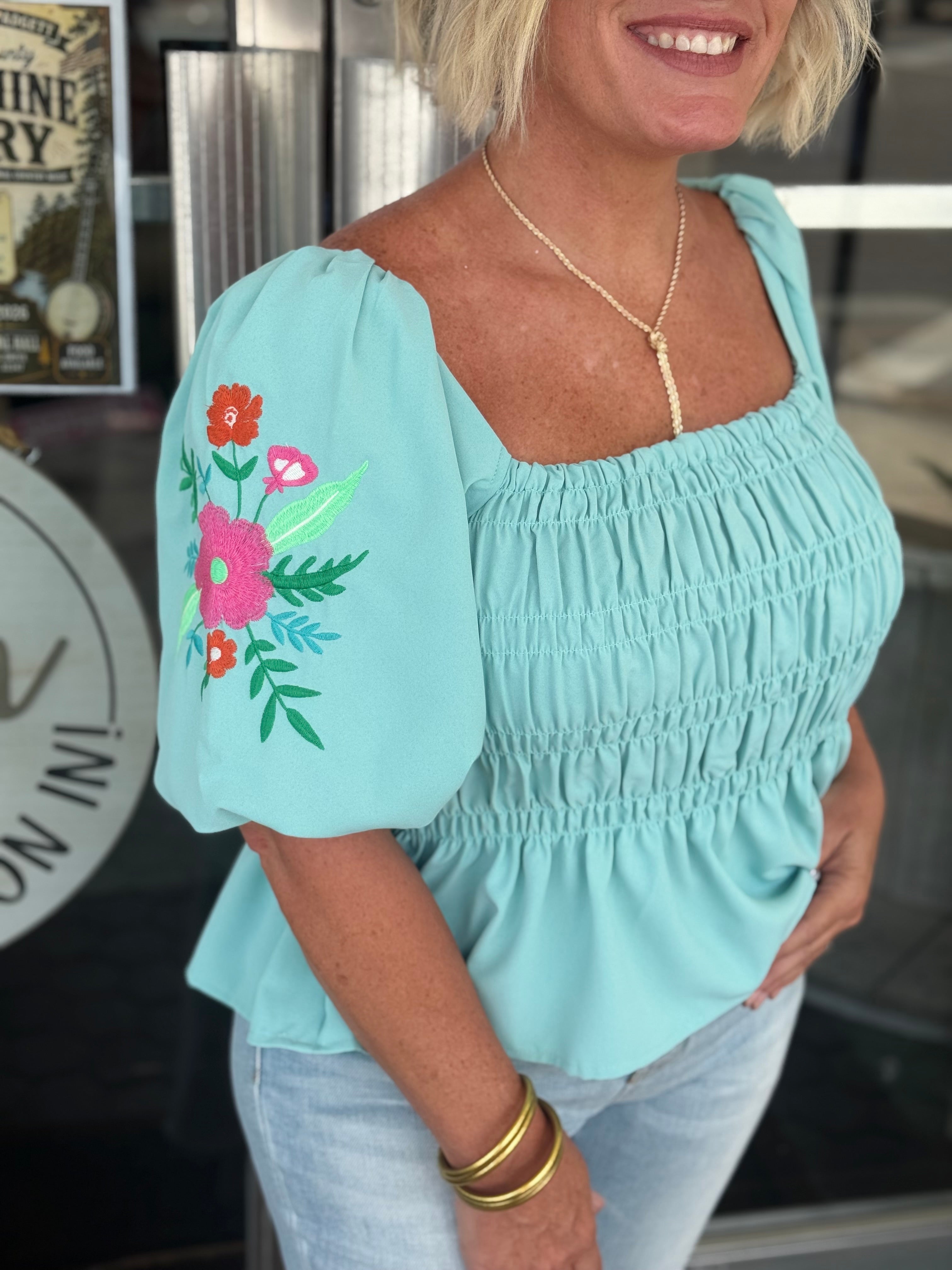 SEAFOAM Embroidery Smocked Peplum Top