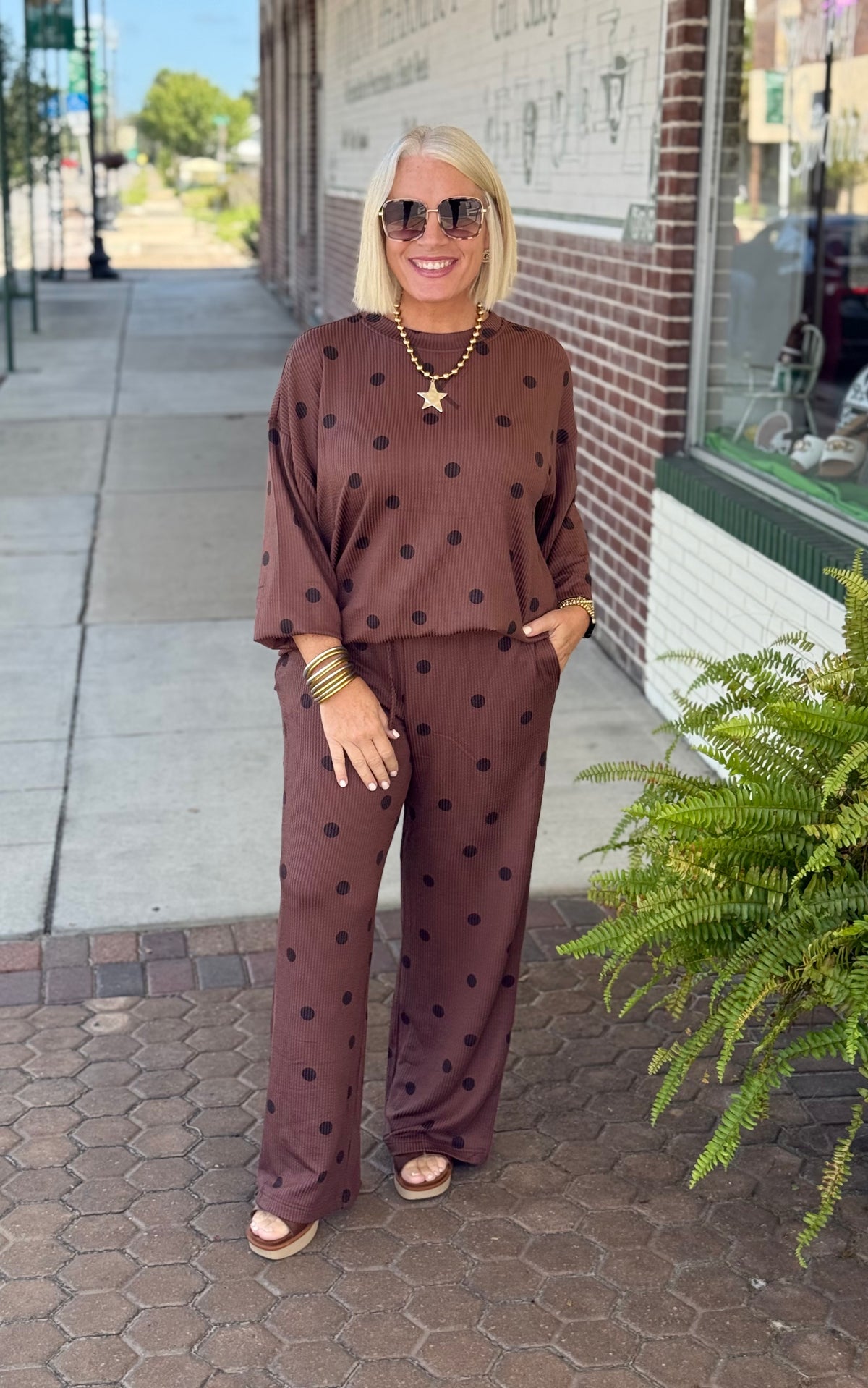 Chocolate Brown Polka Dot Textured Long Sleeve Top and Pants Set