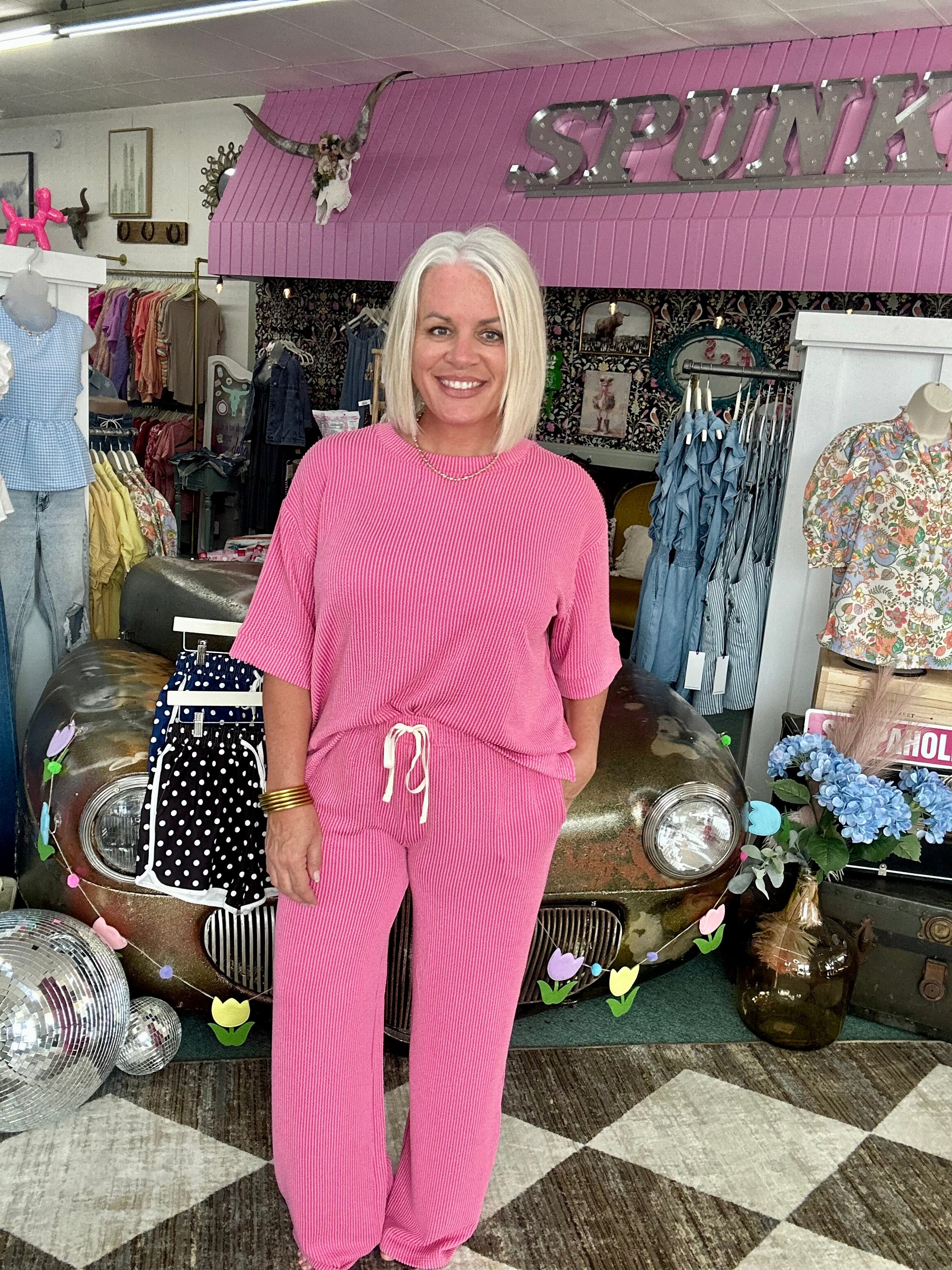 Fuchsia Raised Rib Short Sleeve Tee & Pants Set