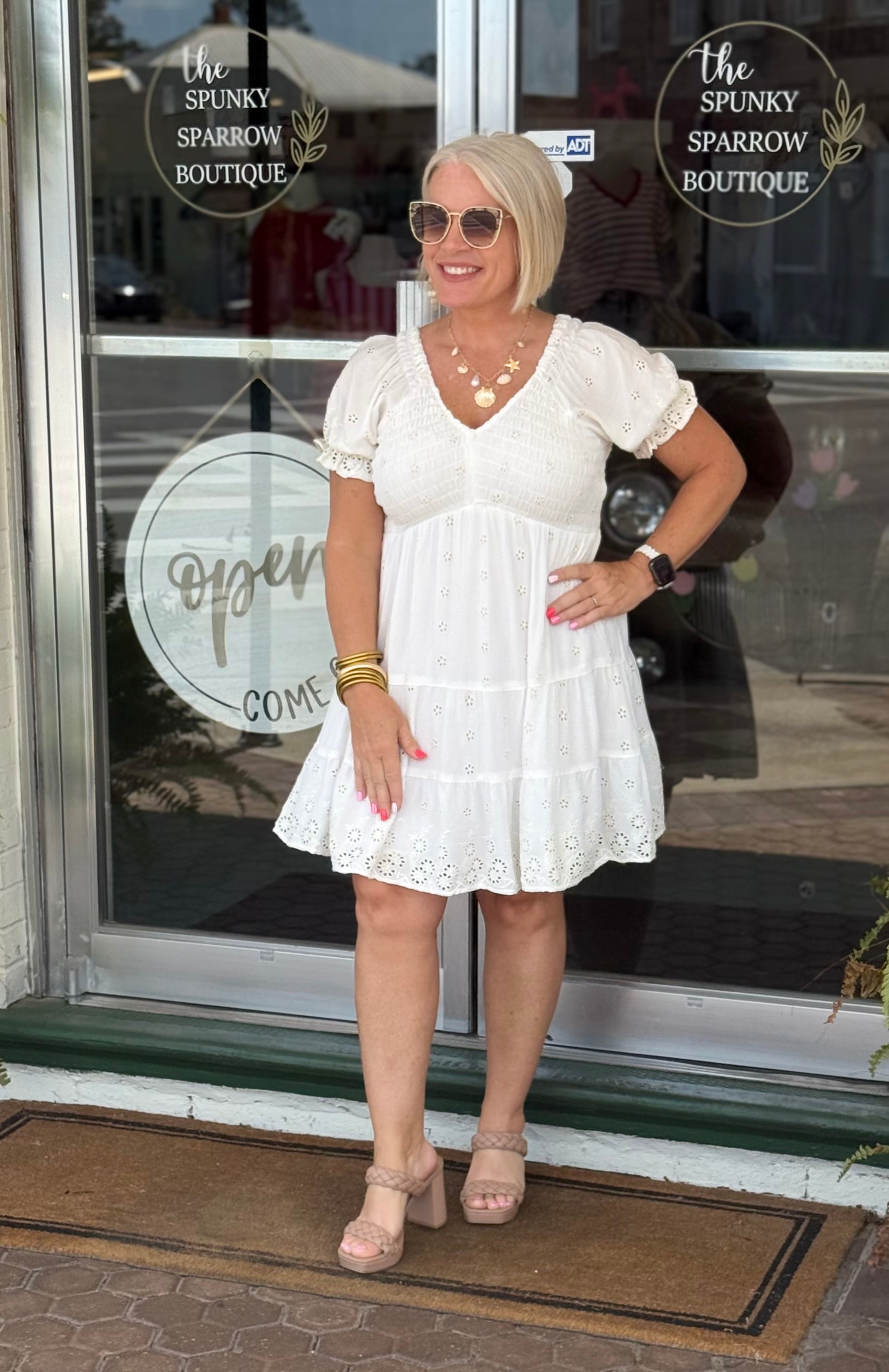 V Neck Smocked Bust Eyelet Embroidered Dress in White  Spunky Sparrow  Boutique