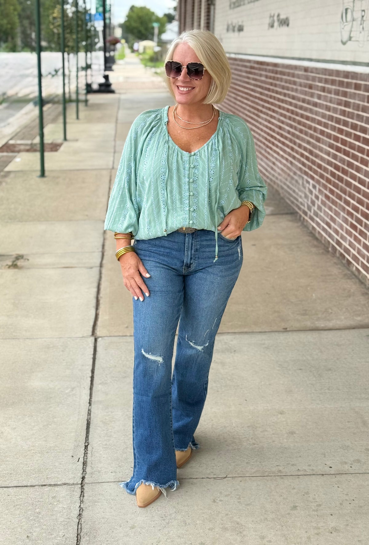 Sage Green Eyelet Embroidered Button Front Blouse
