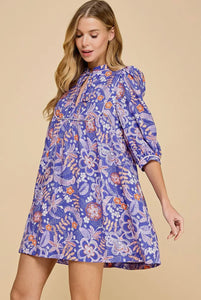 Floral Print Bib Detail Dress in purple