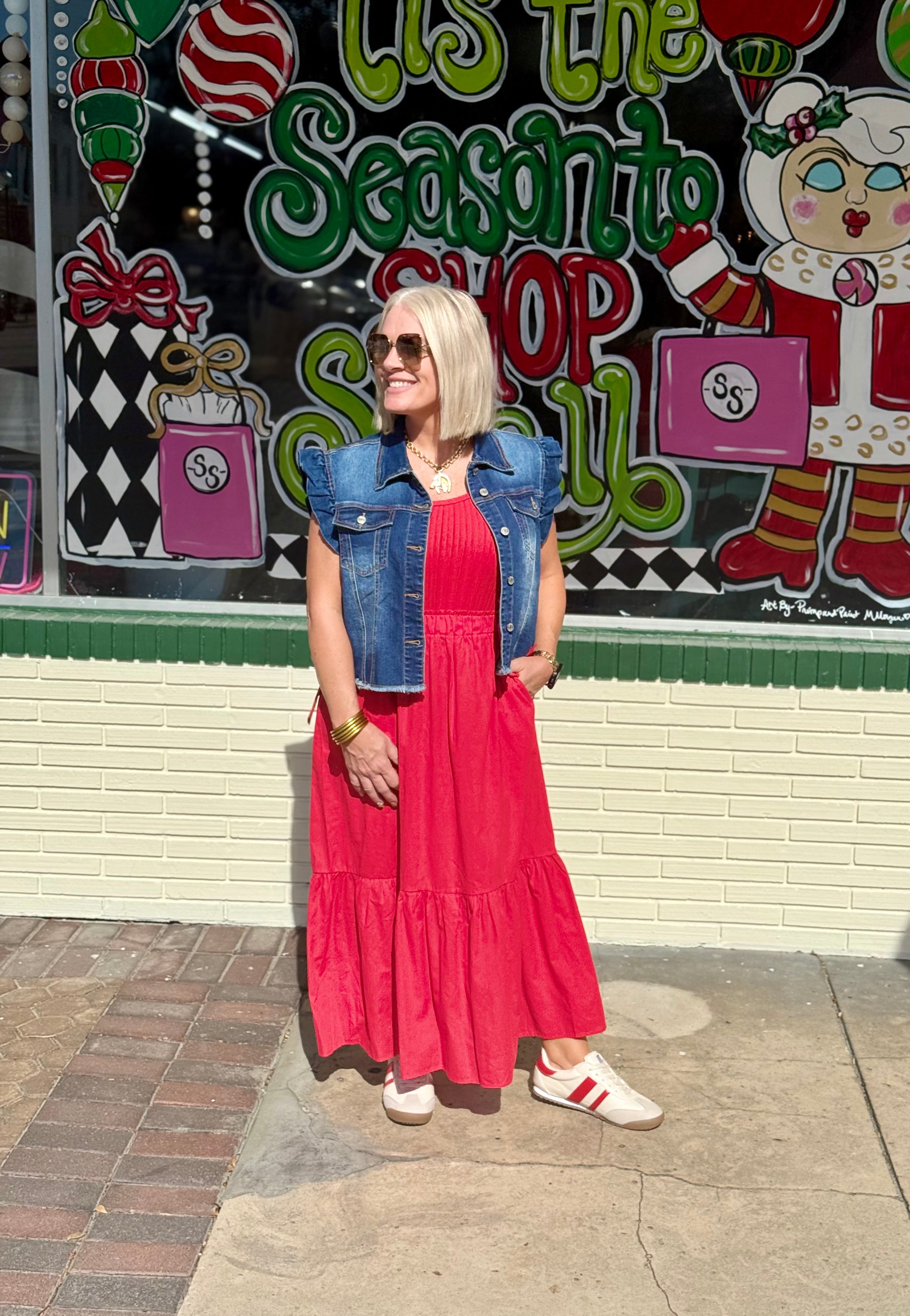 RED SIDE TIE MIDI DRESS