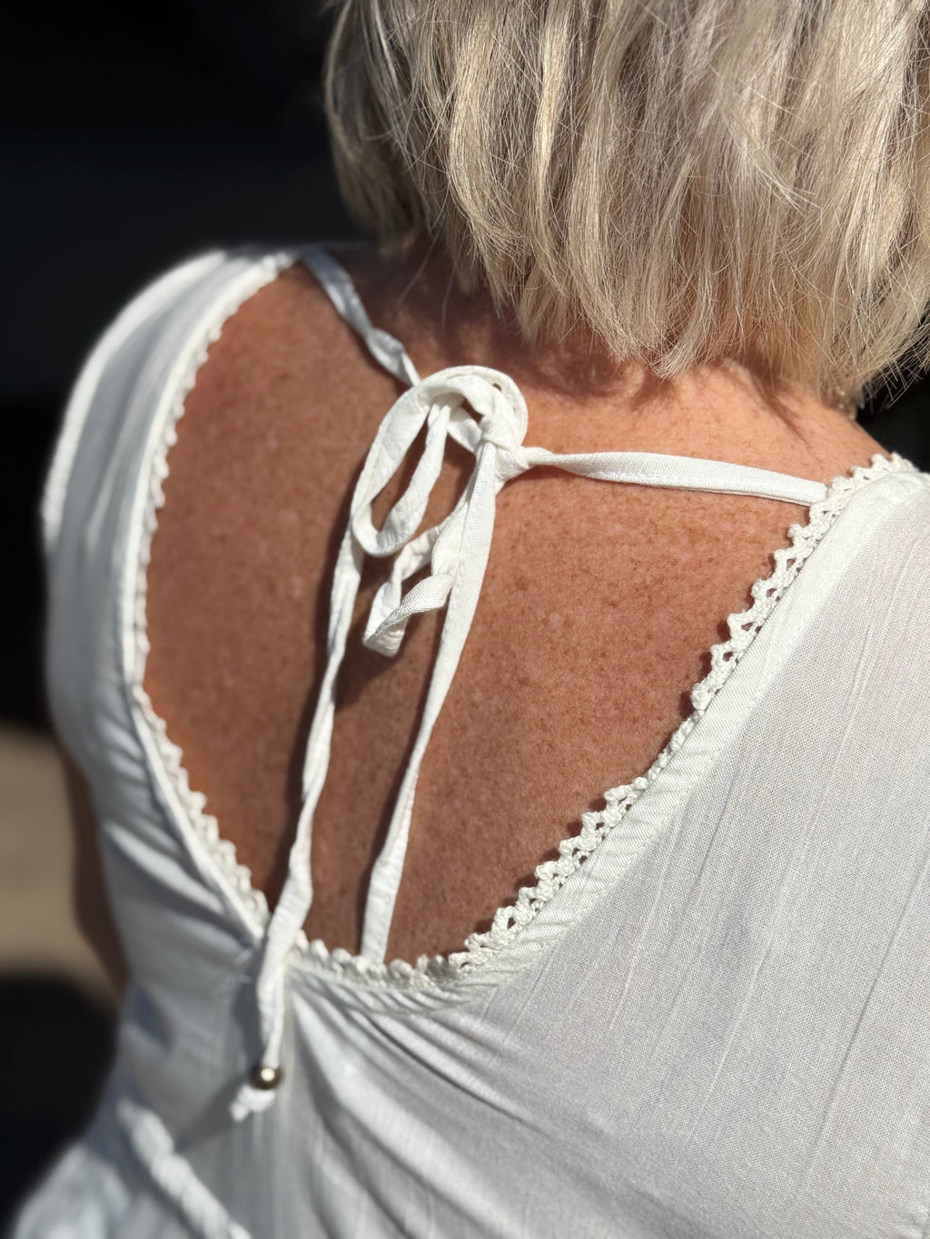 Embroidered V Neck Tank Top with Side Ties and Lac in Ivory