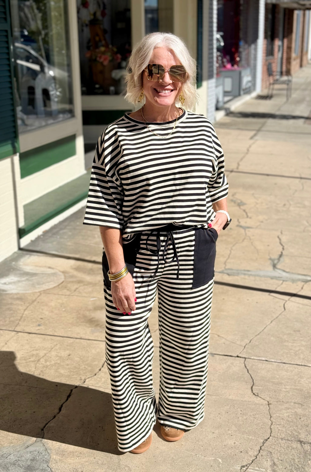 Striped Knit pants Set in Ivory and Black