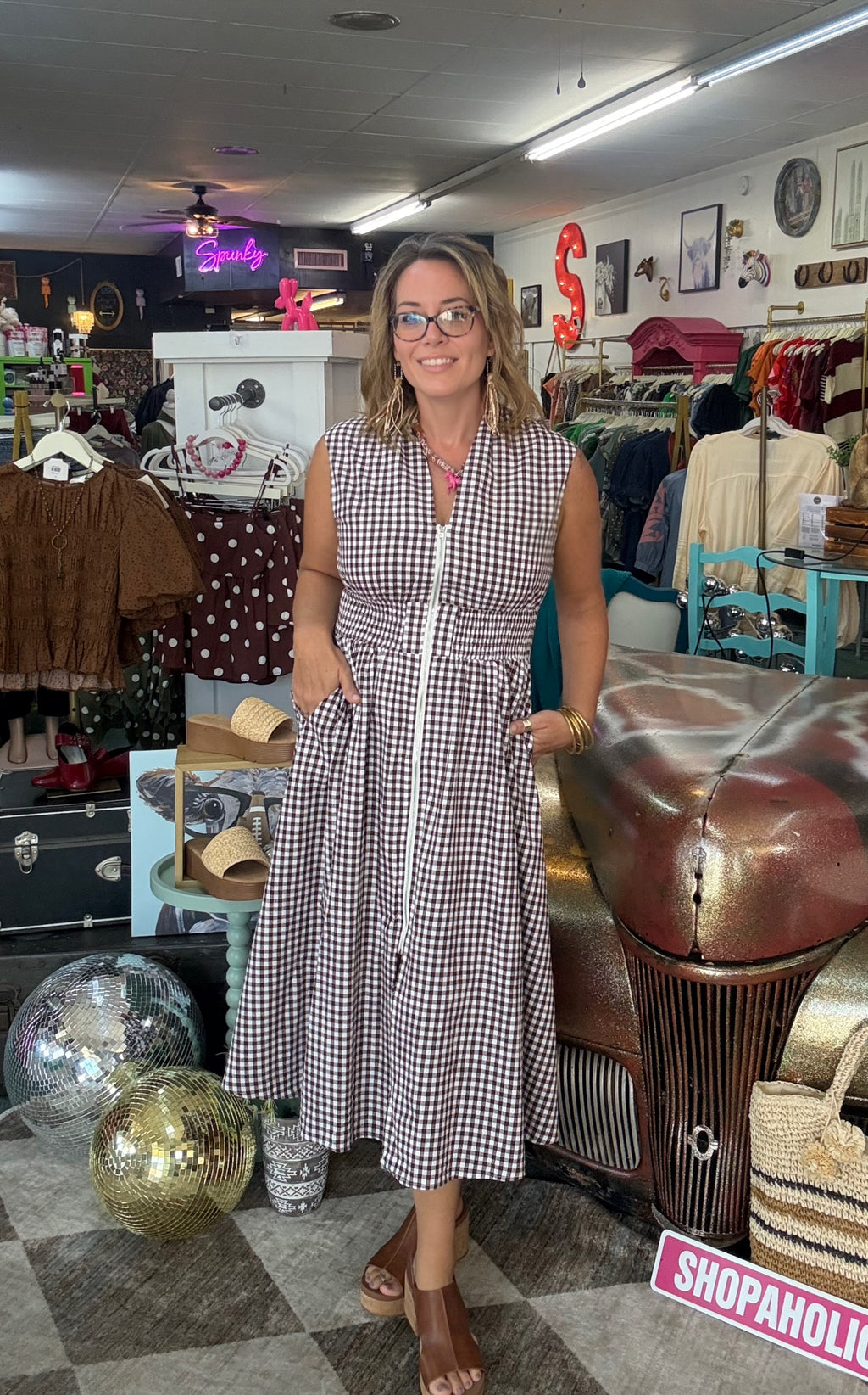 Brown Gingham Zip-Front Smocked Waist Maxi Dress