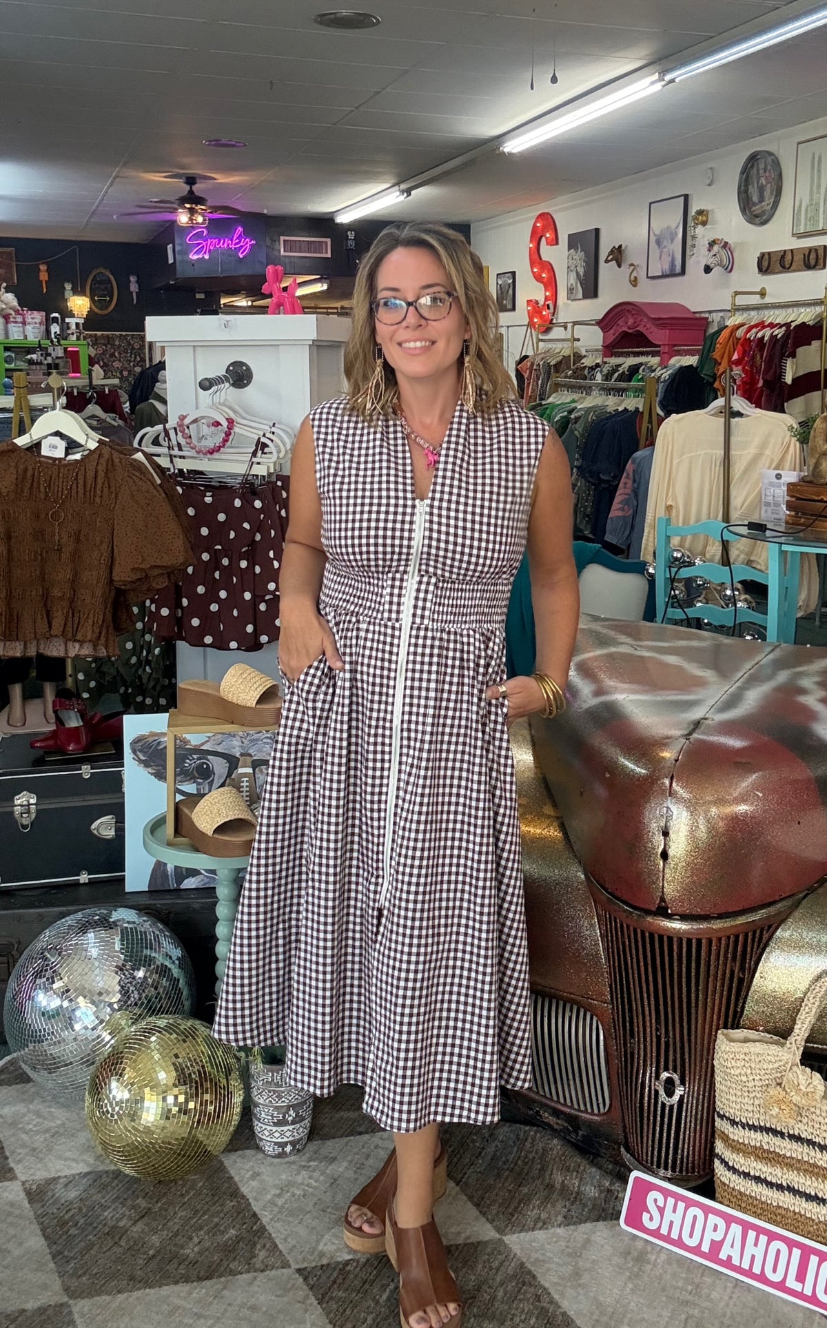 Brown Gingham Zip-Front Smocked Waist Maxi Dress