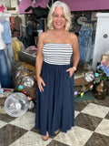 Navy Striped Strapless Flowy Midi Dress