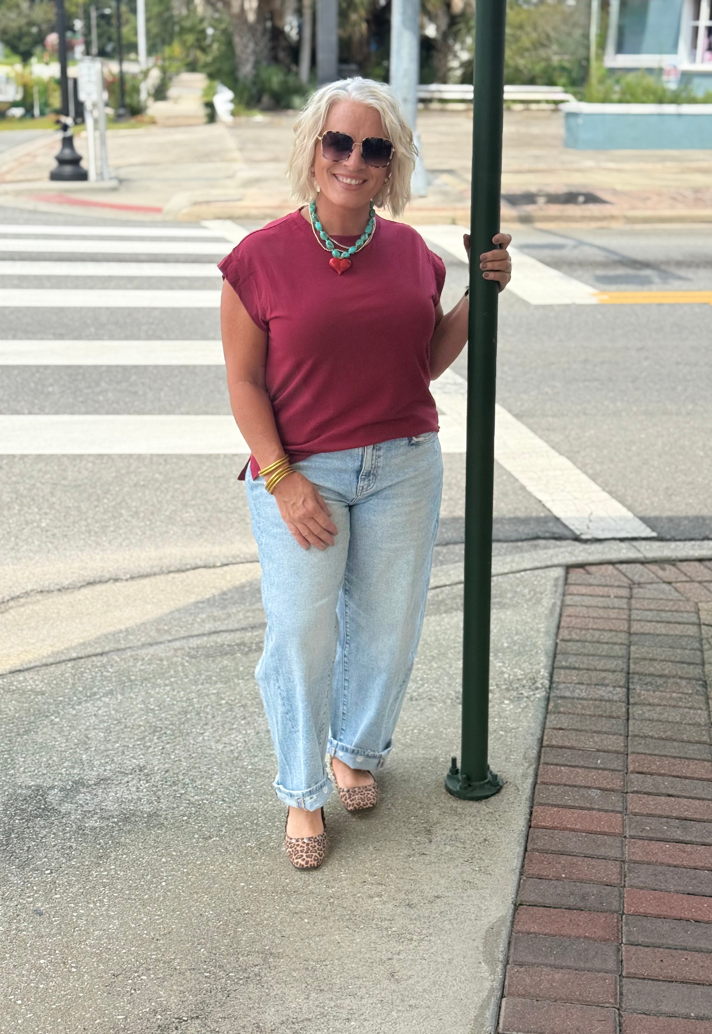 Burgundy Short Sleeve Solid Top