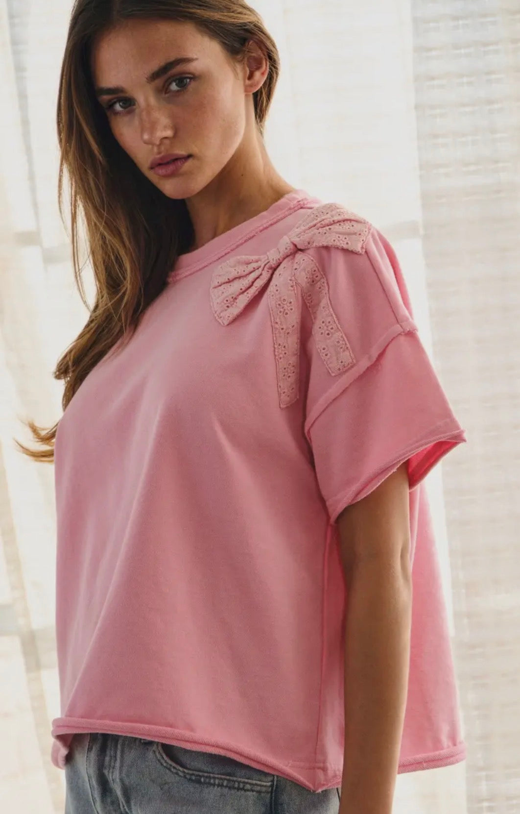 Washed pink French terry bow top ￼