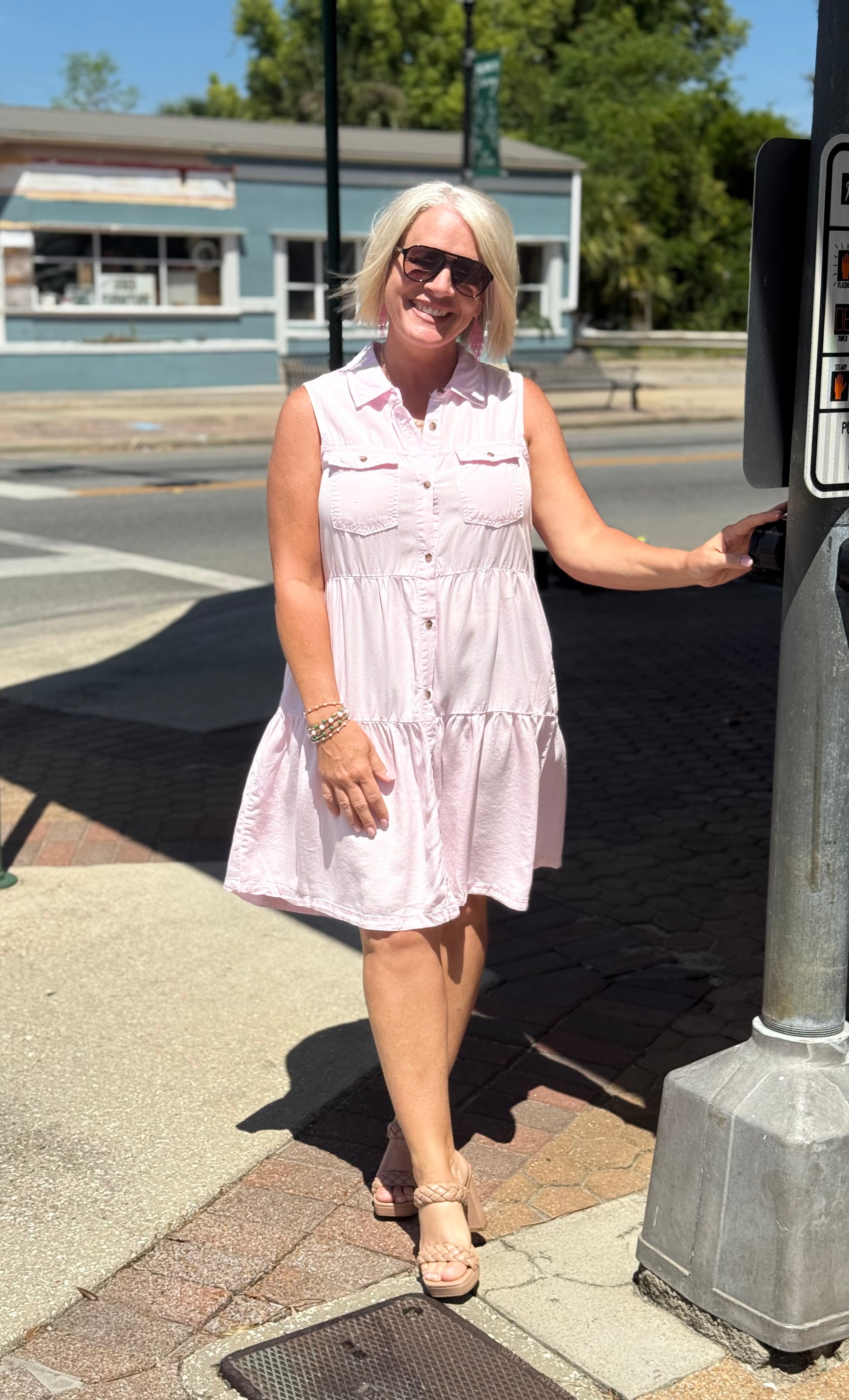 Pink Sleeveless Pocket Detail Button Down Dress
