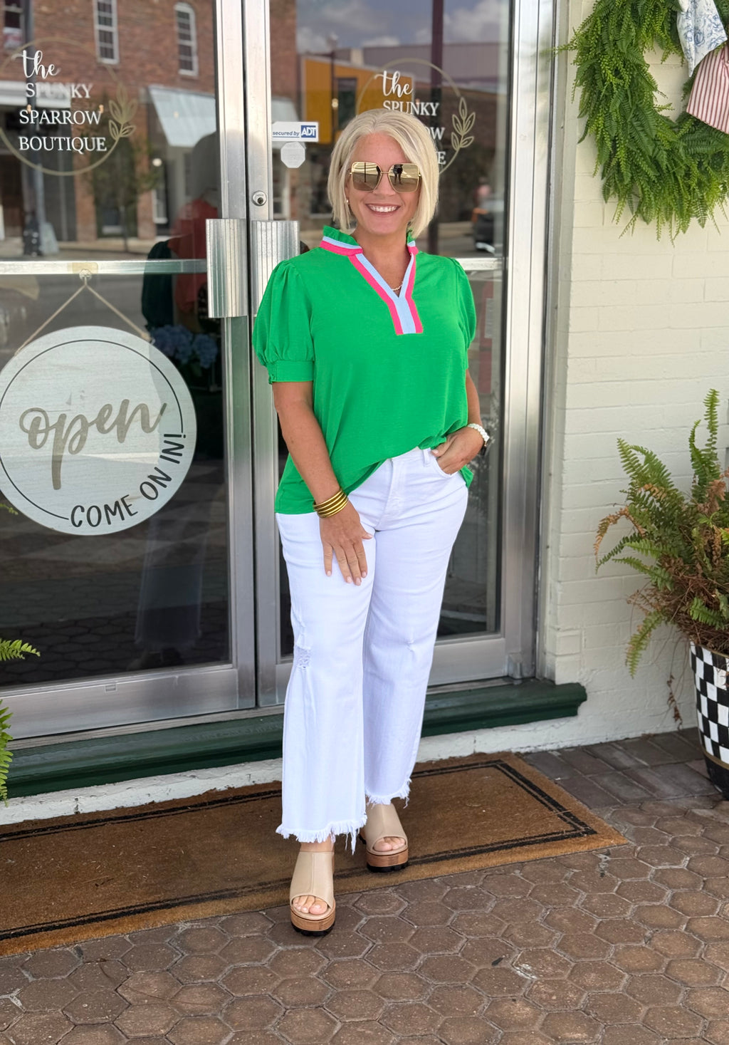 Green Ruffled Neckline border trim Top
