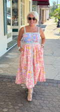 Peach Floral Button Down Tape Trim Midi Dress