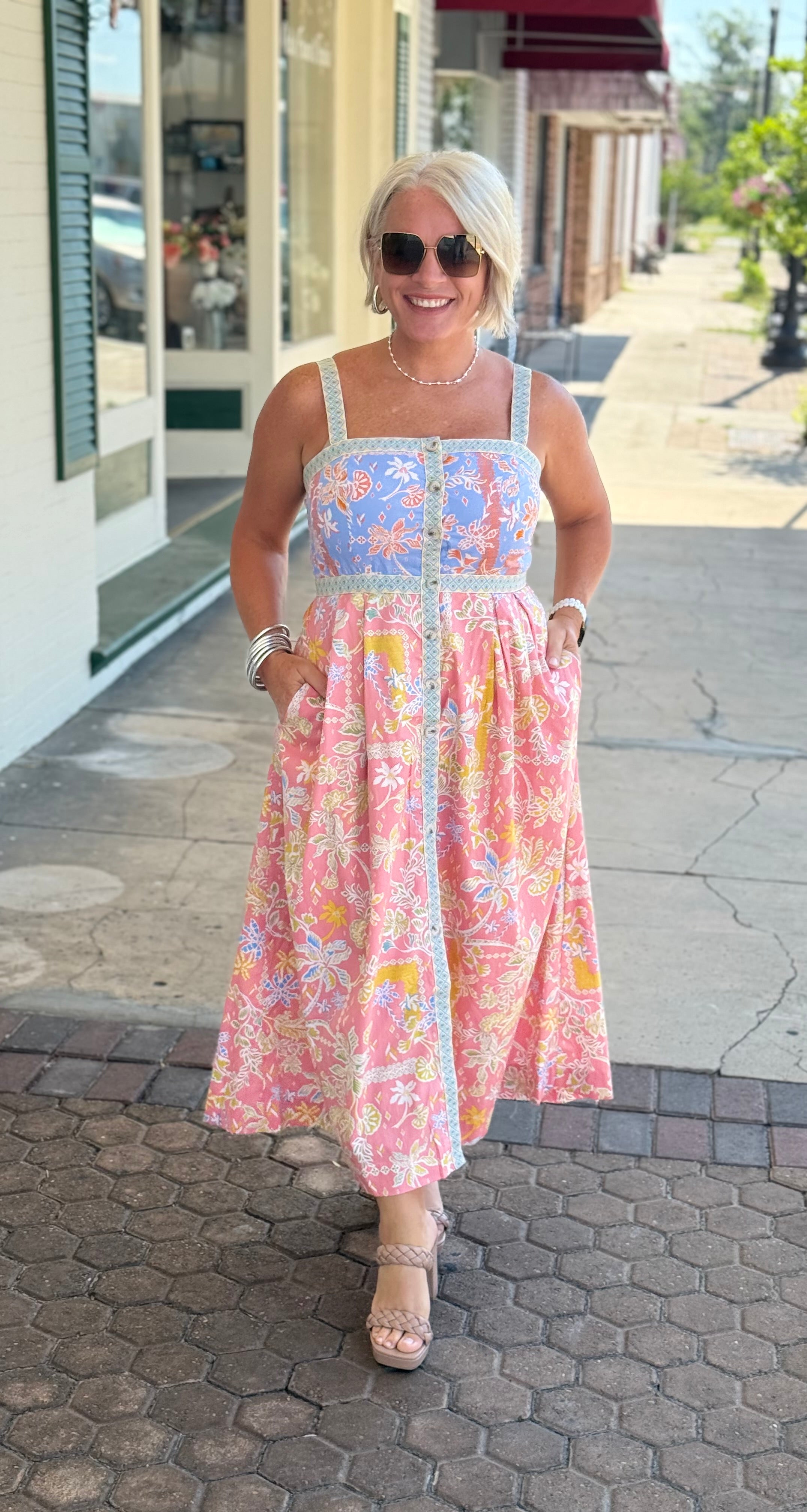 Peach Floral Button Down Tape Trim Midi Dress