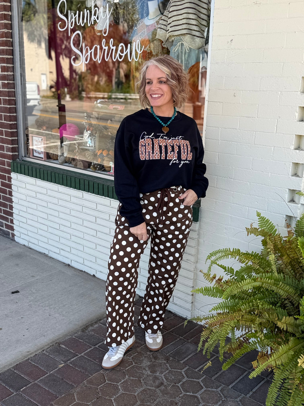 Brown Drawstring Waist Polka Dot Barrel Pants