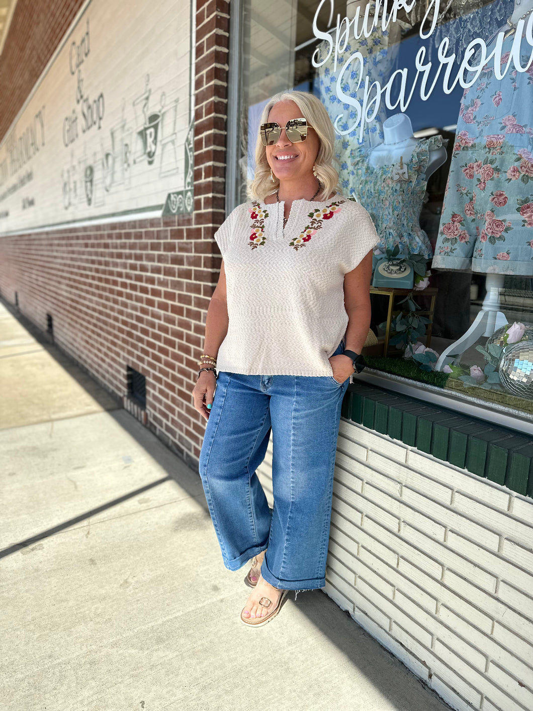 Embroidered Notch Neck Knit Top