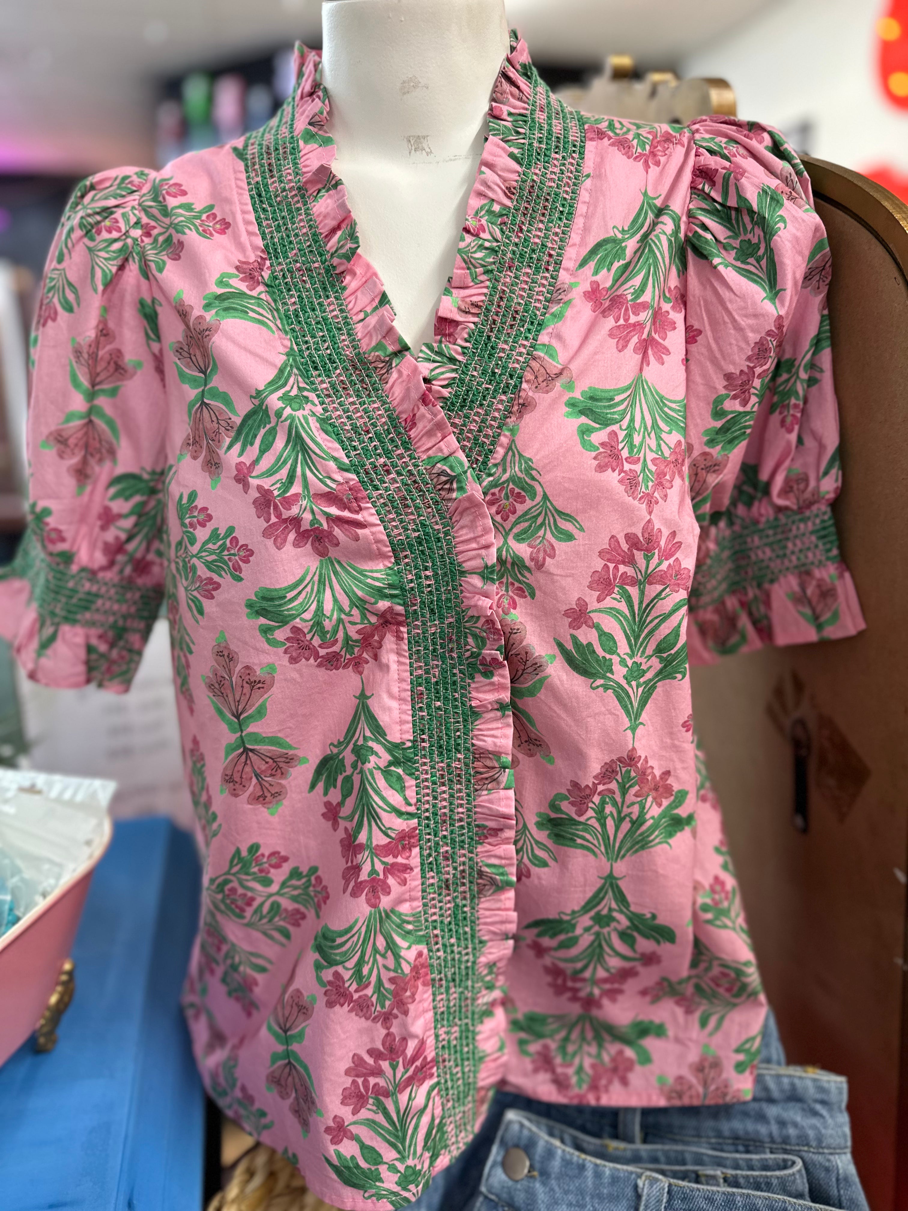 Pink Floral Short Puff Sleeve Top